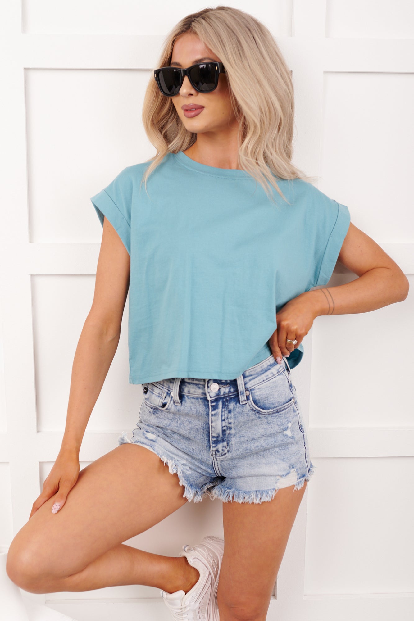 Bethany Oversized Crop Tee (Heather Light Teal)