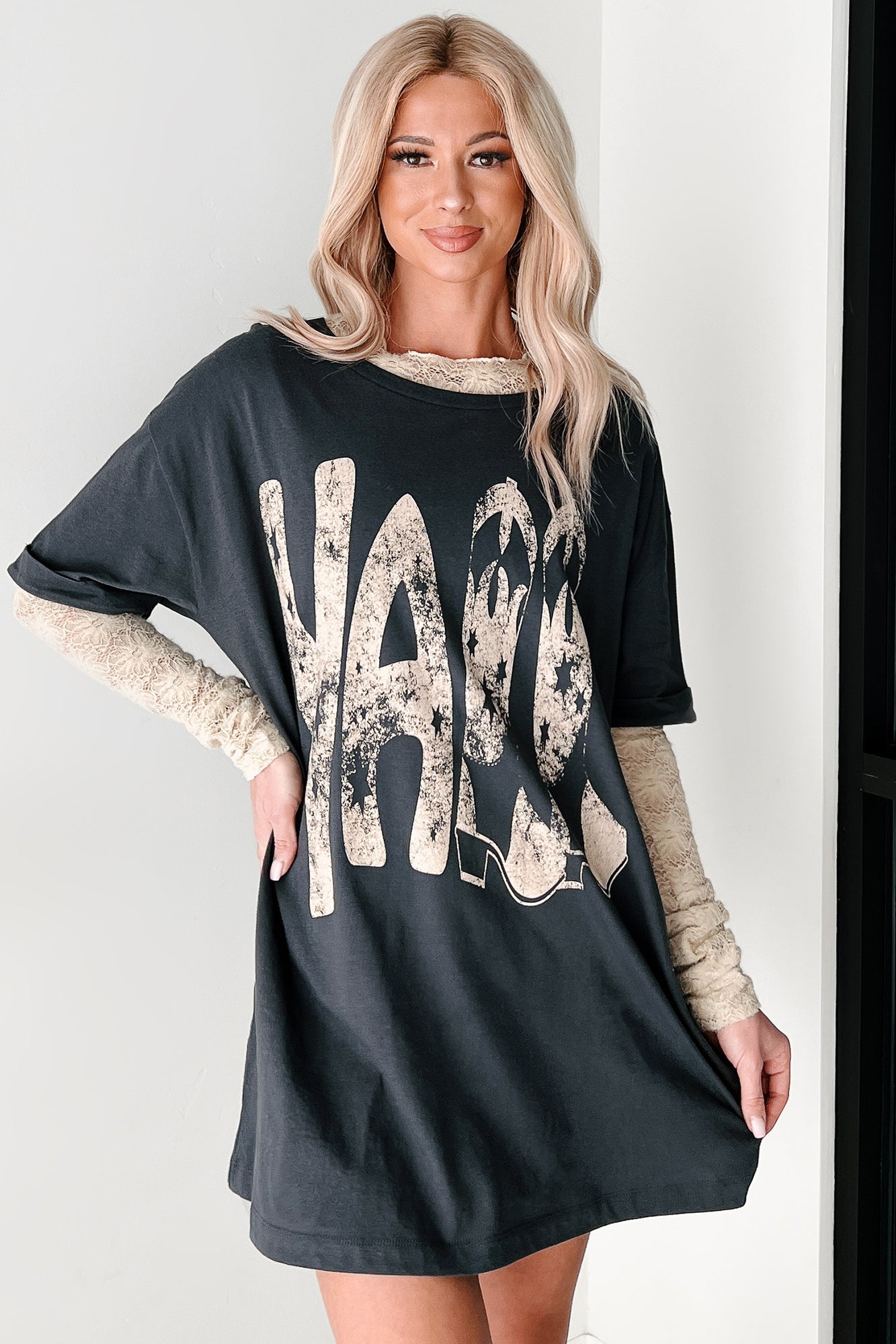 Kickin' It, Y'all Cowgirl Boot Graphic T-Shirt (Charcoal)
