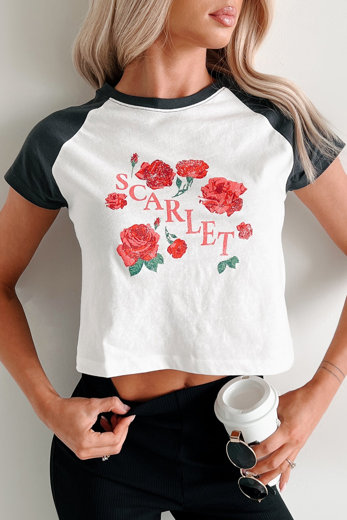 "Scarlet" Distressed Floral Graphic T-Shirt (Ivory/Charcoal)