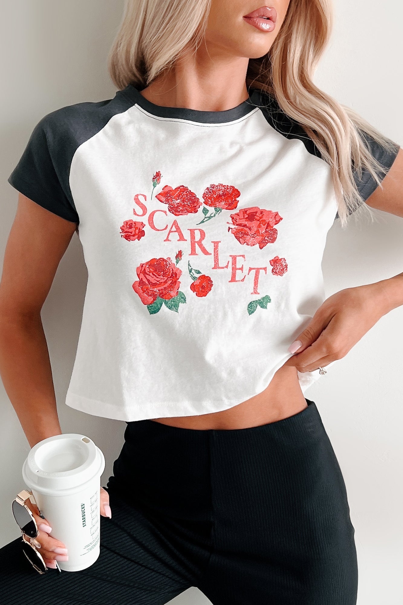 "Scarlet" Distressed Floral Graphic T-Shirt (Ivory/Charcoal)