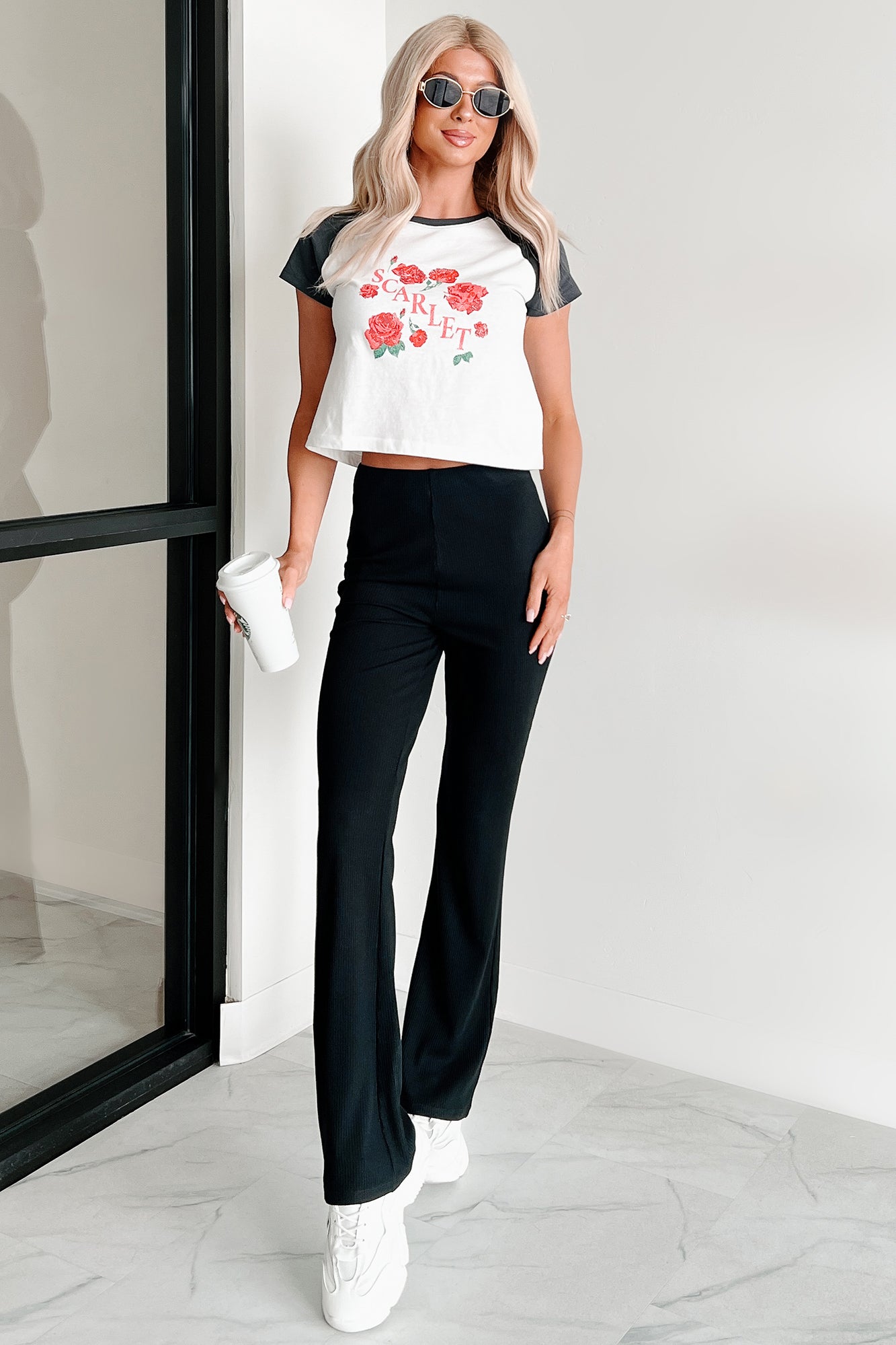 "Scarlet" Distressed Floral Graphic T-Shirt (Ivory/Charcoal)