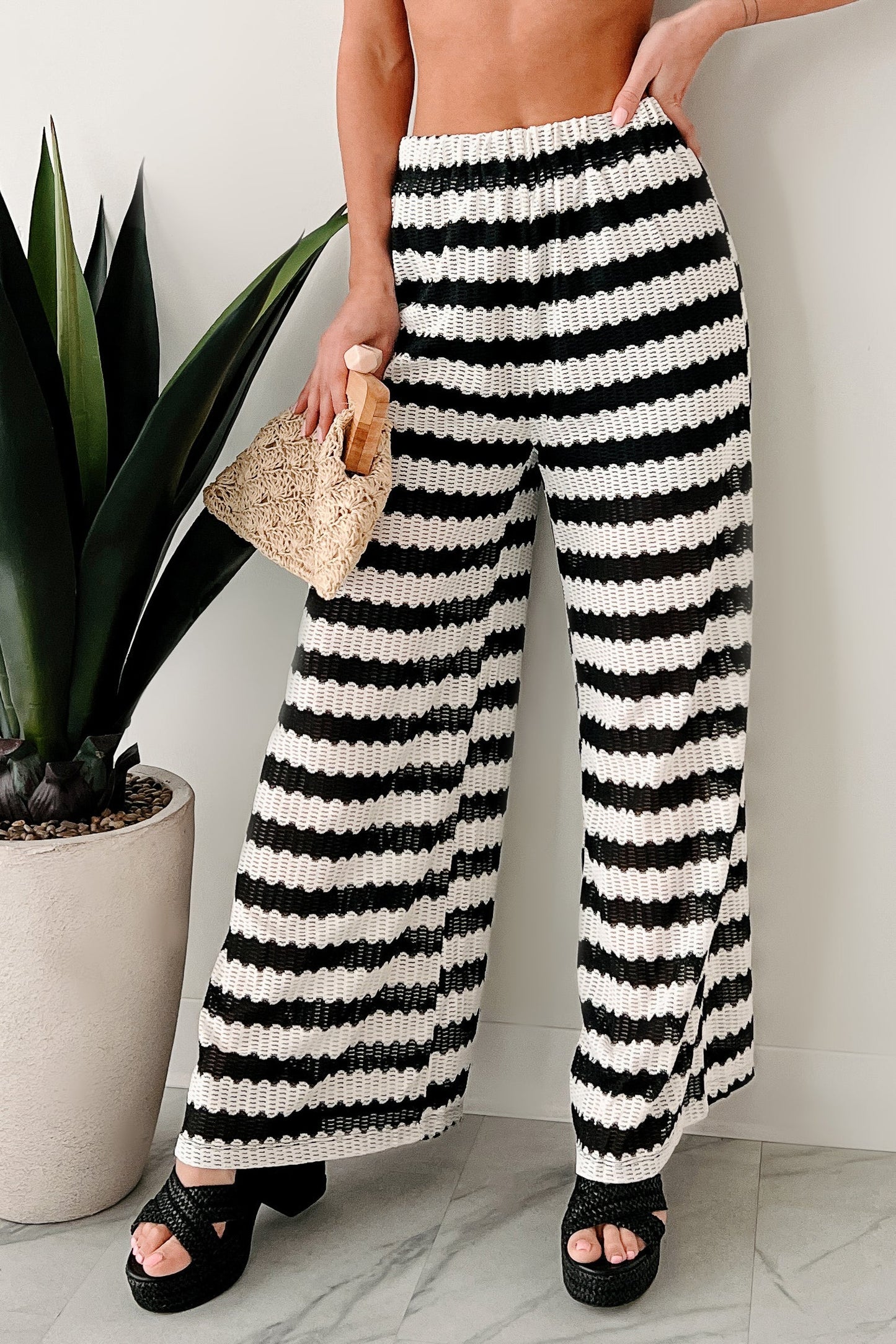 Breezy Not Busy Wide Leg Crochet Pants (Ivory/Black)
