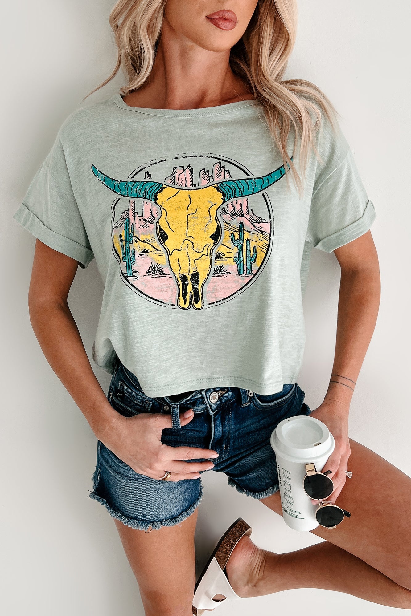 Back In The Saddle Boxy Bull Skull Graphic T-Shirt (Sage)
