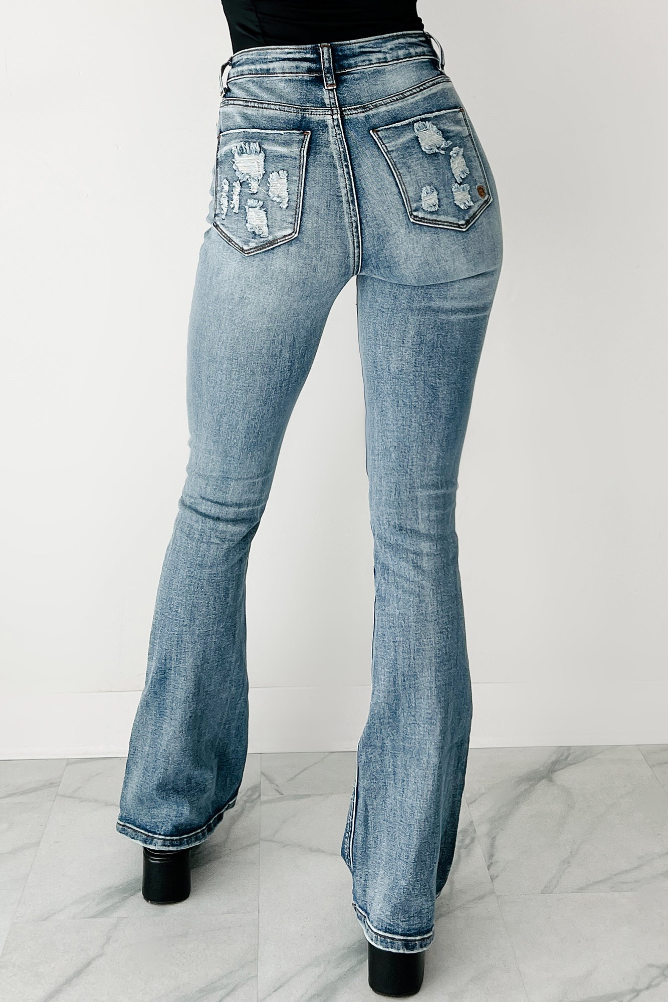 Aysha High Rise Distressed Indigo Reign Flare Jeans (Medium)