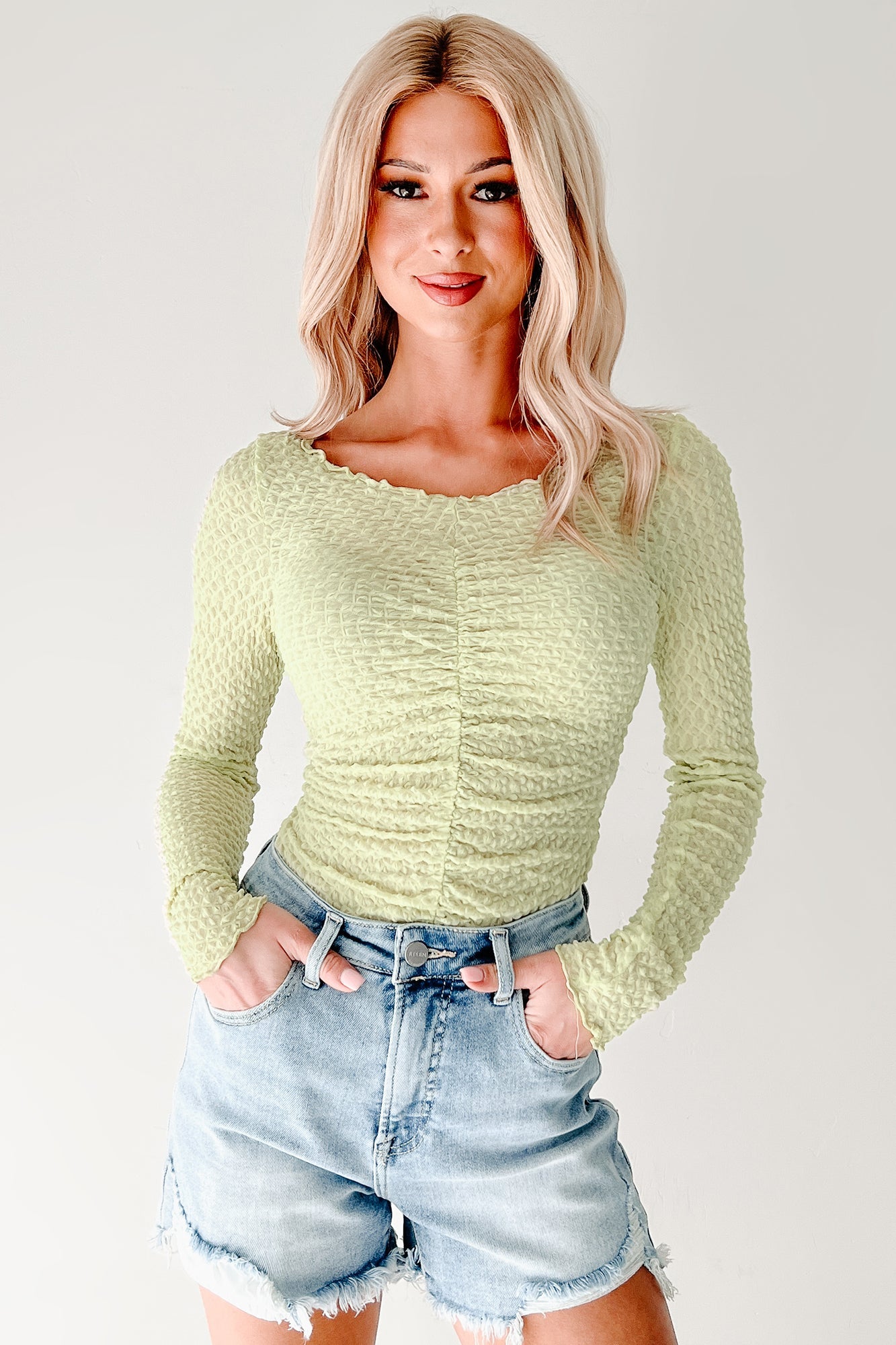 Heart Skipping Textured Long Sleeve Top (Green Tea)