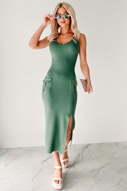 Effortlessly Cool Sleeveless Cargo Pocket Midi Dress (Green)