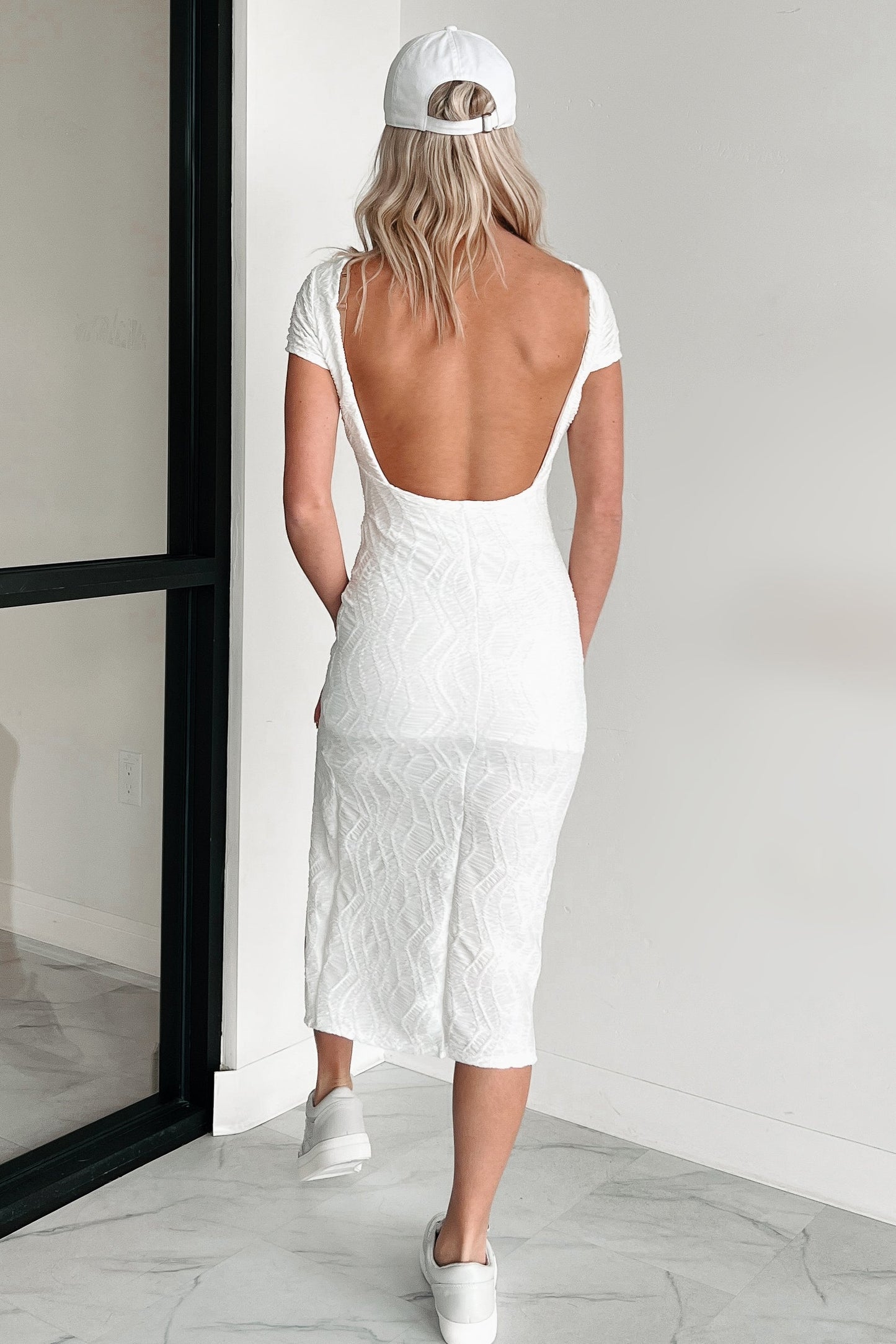 Reminders Of You Open Back Textured Midi Dress (Ivory)