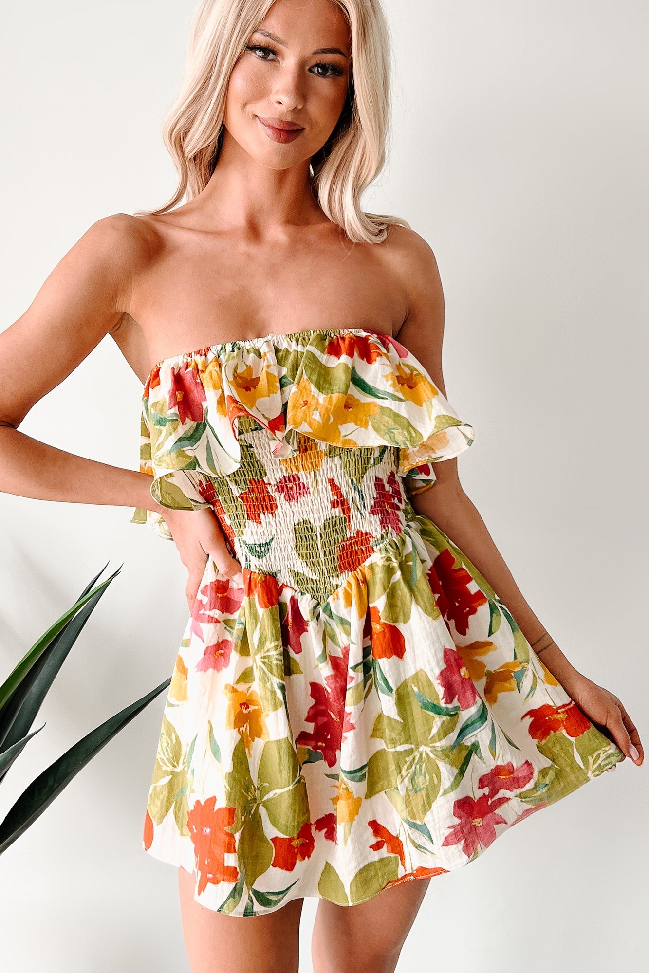 Soft Breezes Strapless Floral Romper Dress (Cream/Multi)