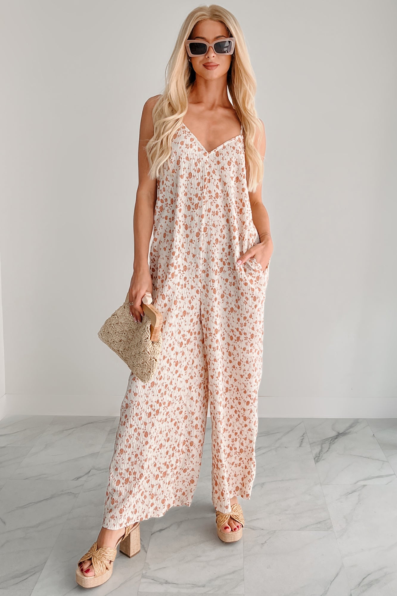 Homebody Heaven Pleated Wide Leg Jumpsuit (Cream Floral)