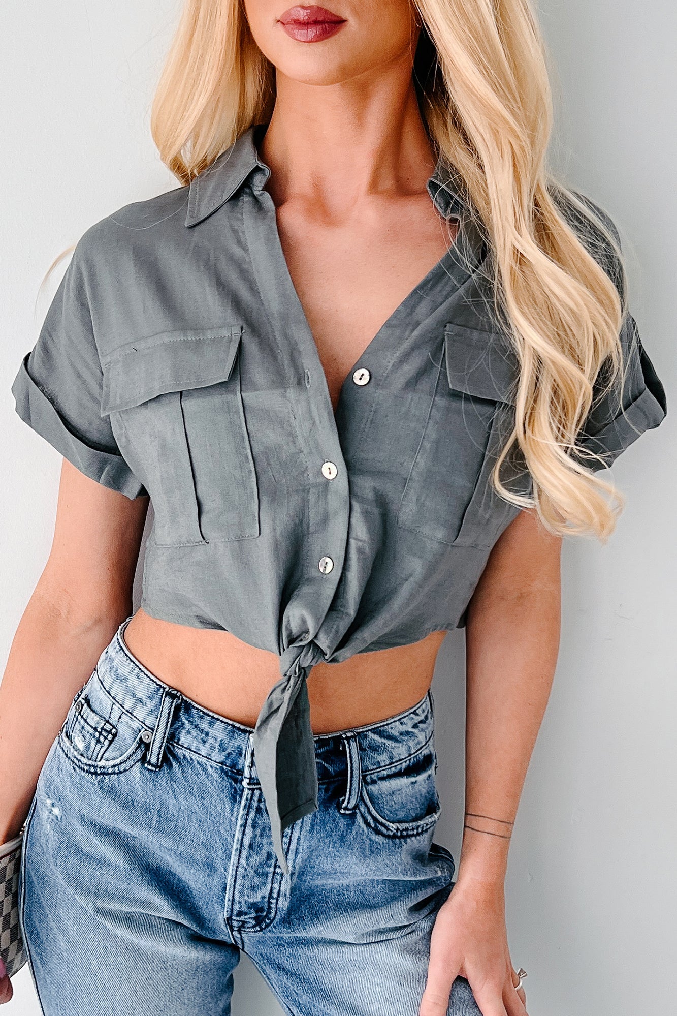 City Love Short Sleeve Button-Up Crop Top (Charcoal)