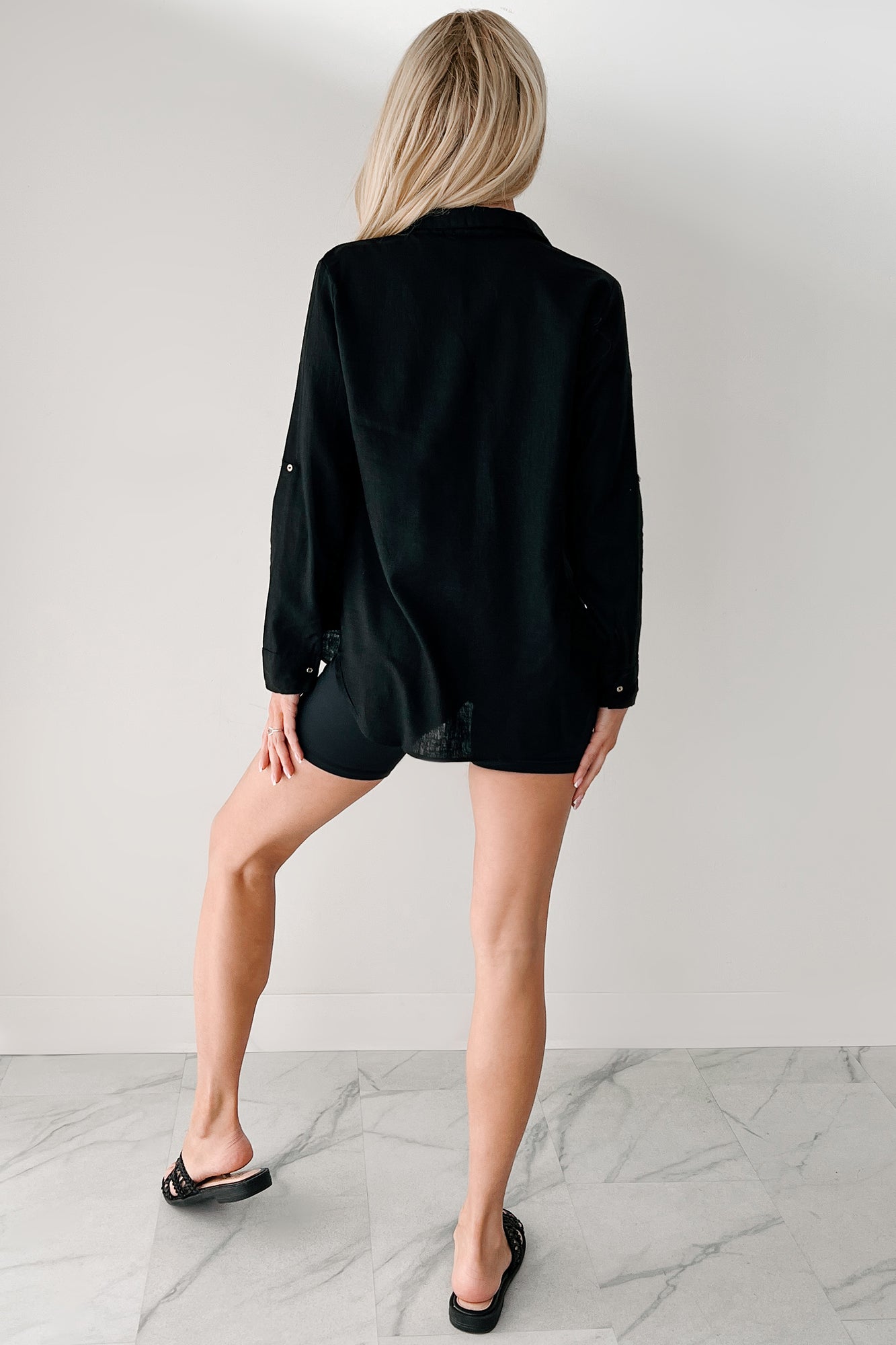Timeless Appeal Linen Button-Up Top (Black)