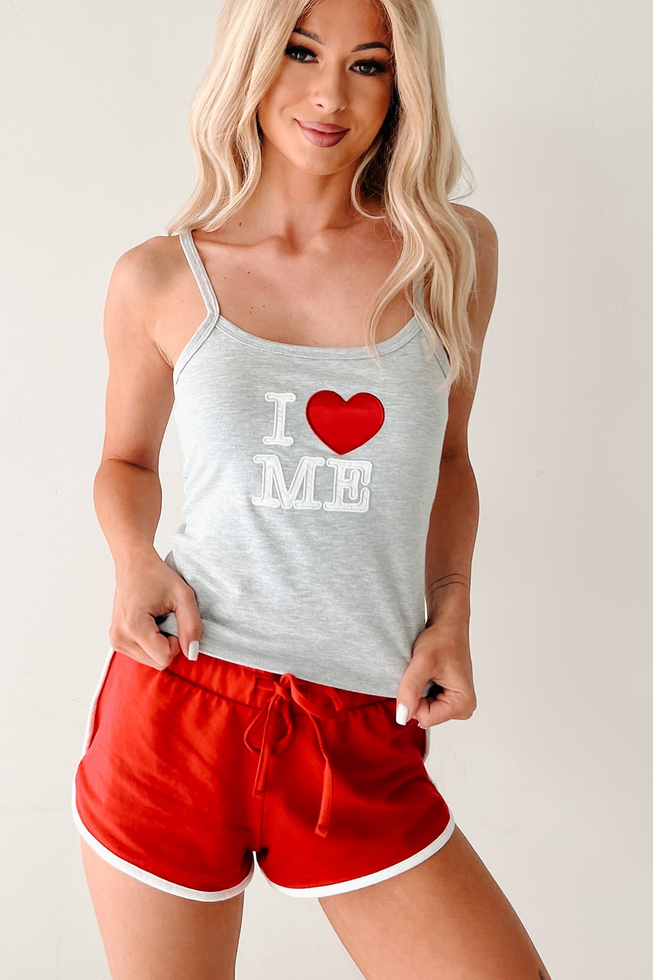 "I <3 ME" Tank Top & Shorts Set (Grey/Red)