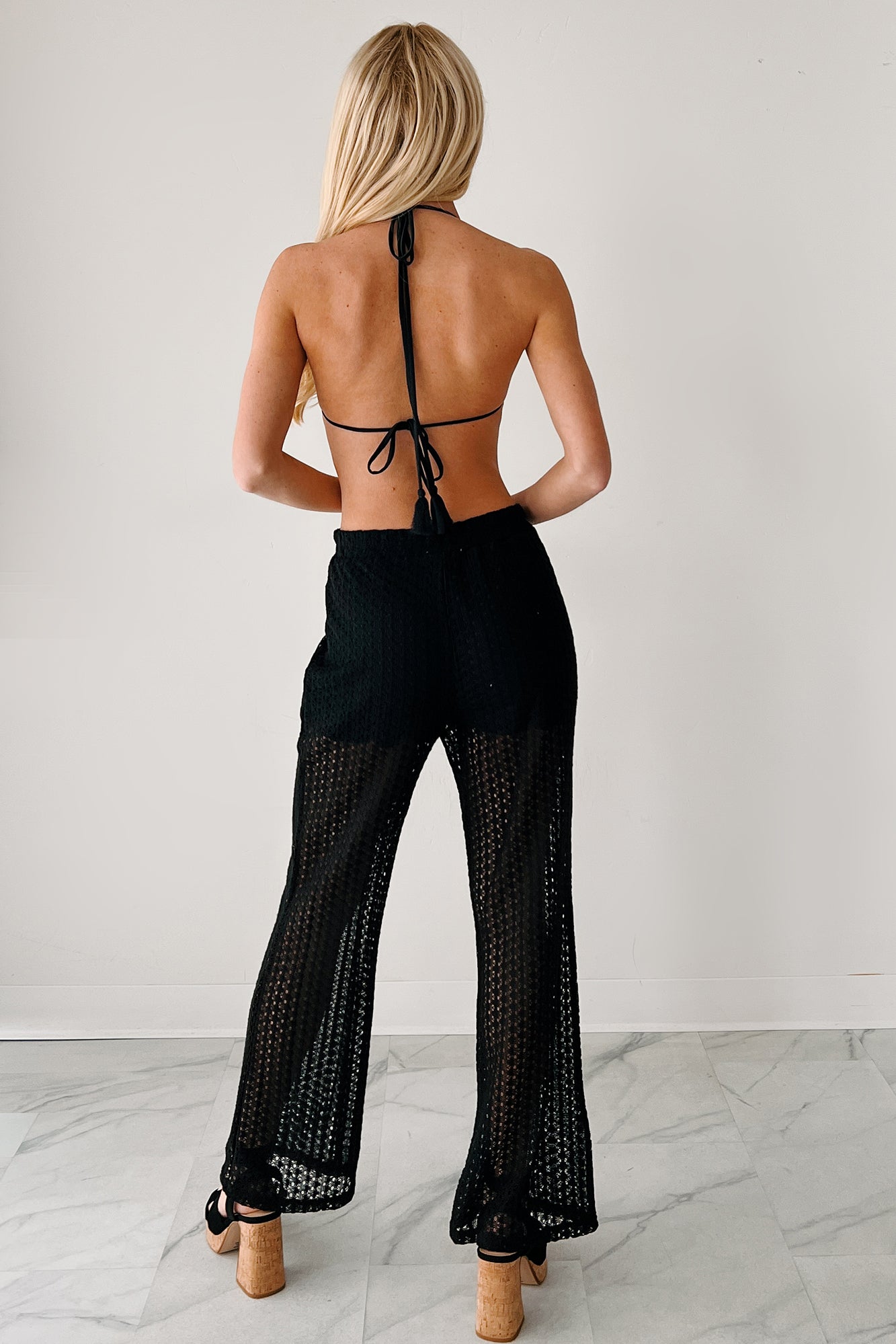 Summer Roadtrips Crochet Bra & Flare Pant Set (Black)