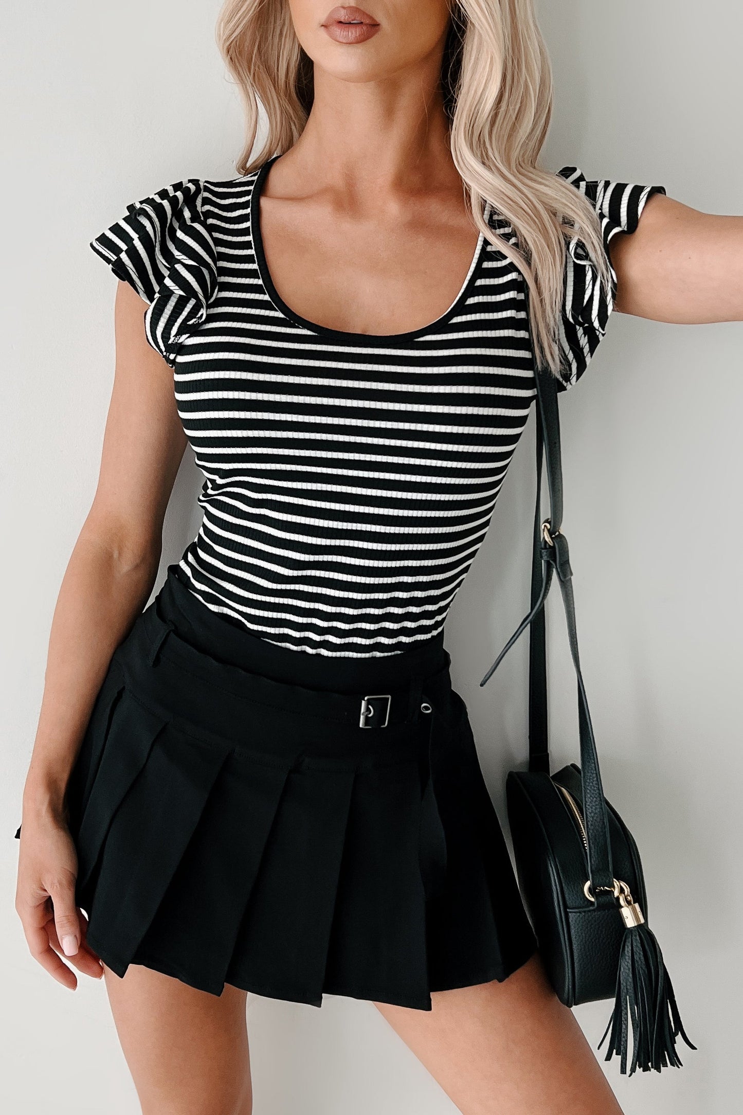 Sweet As Honey Ruffle Sleeve Striped Bodysuit (Black/White)