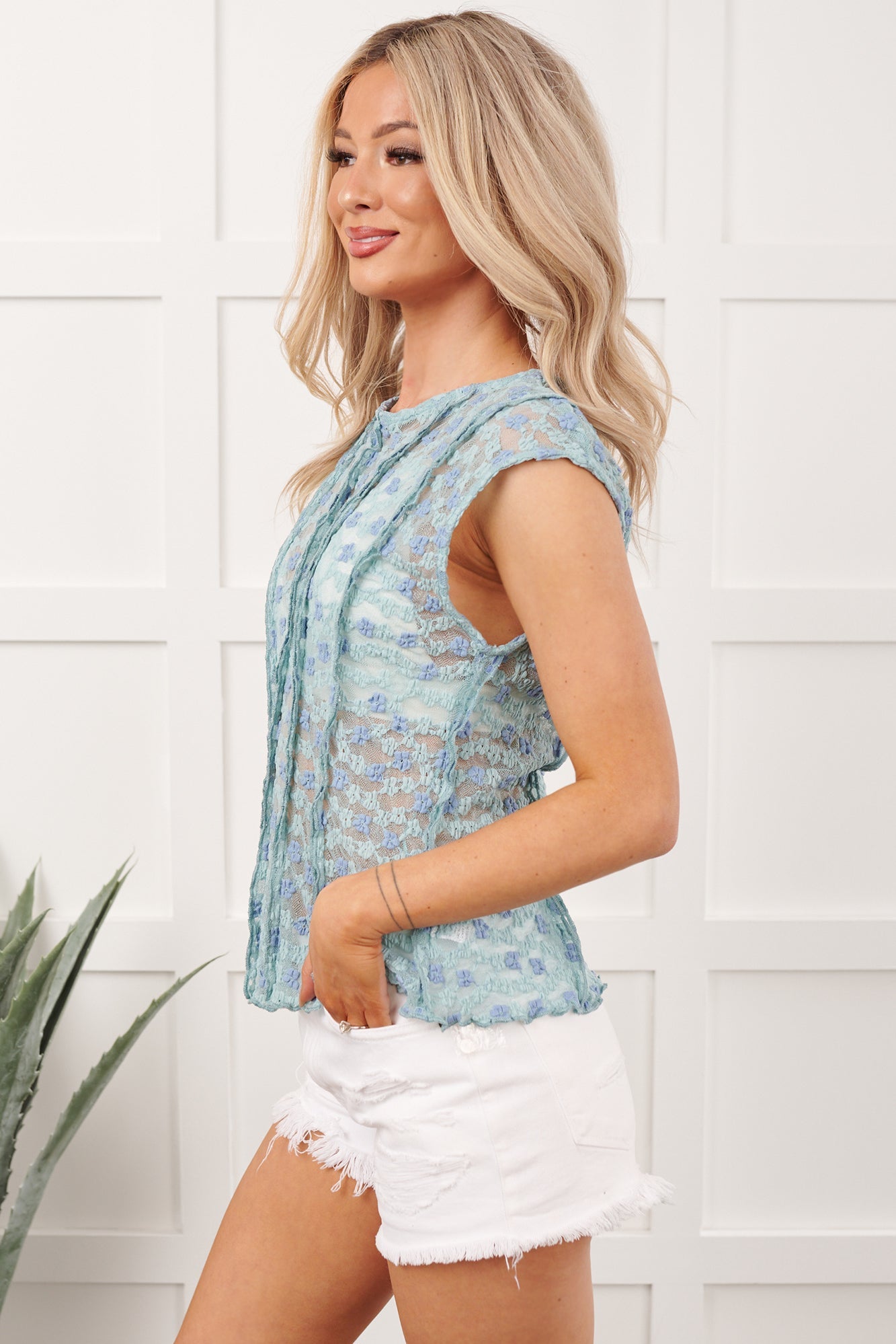 Moonlight Crush Sheer Floral Lace Top (Blue Multi)
