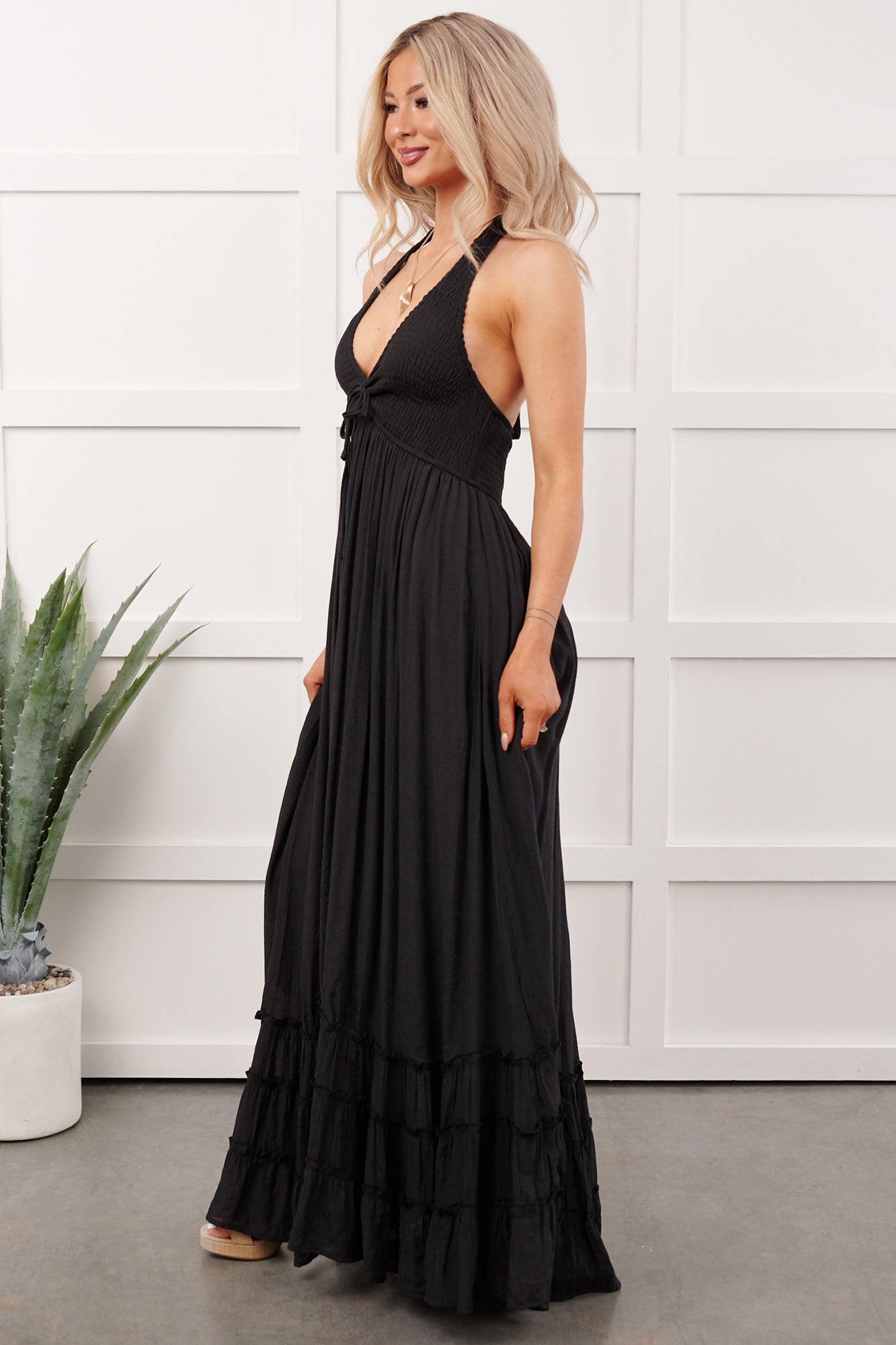 Hint Of Honey Halter Neck Maxi Dress (Black)