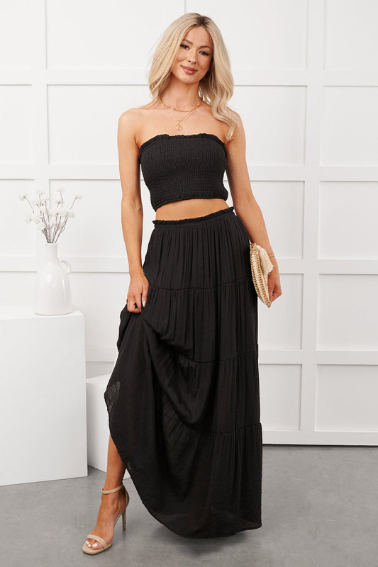 Stay Simple Smocked Bandeau & Maxi Skirt Set (Black)