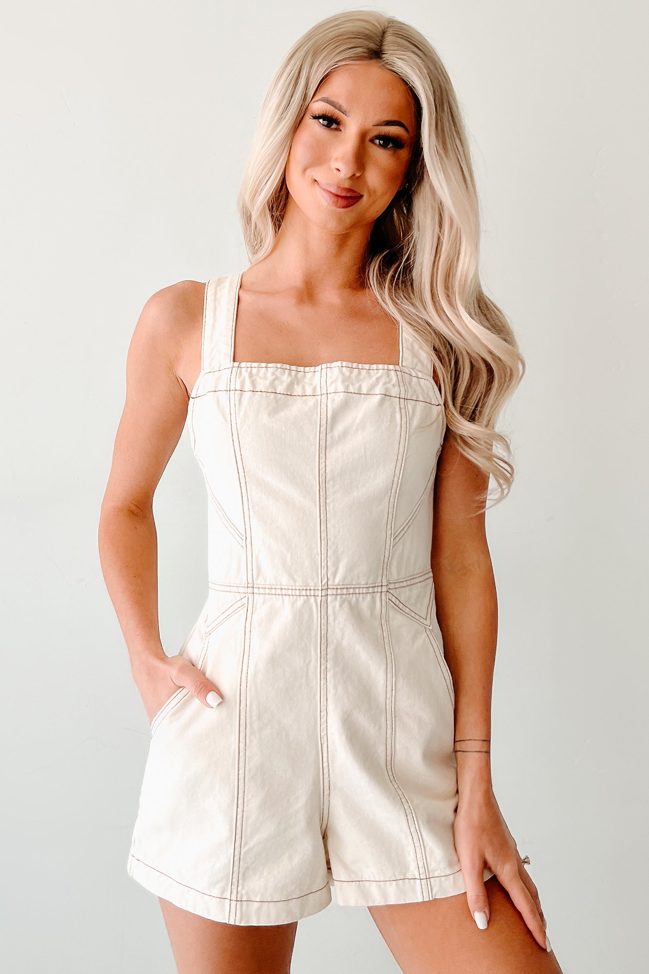 Feminine Glow Sleeveless Denim Romper (Oatmeal)