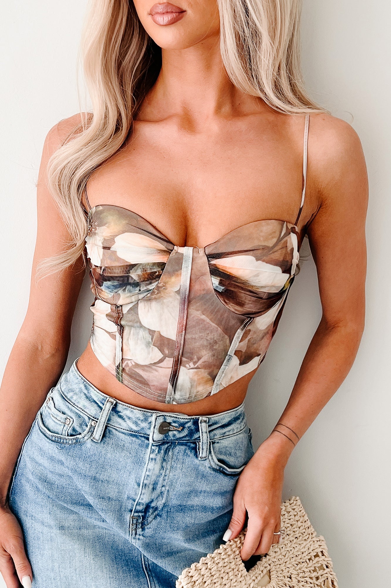 Let Go & Grow Floral Mesh Crop Top (Taupe)