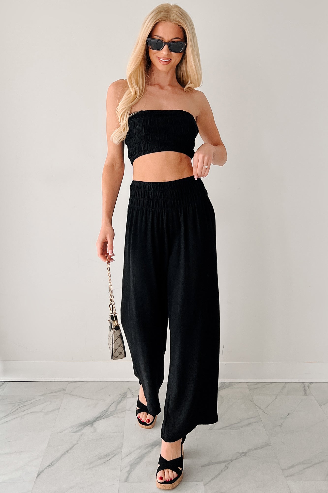 Comfy Moments Linen Tube Top & Pant Set (Black)