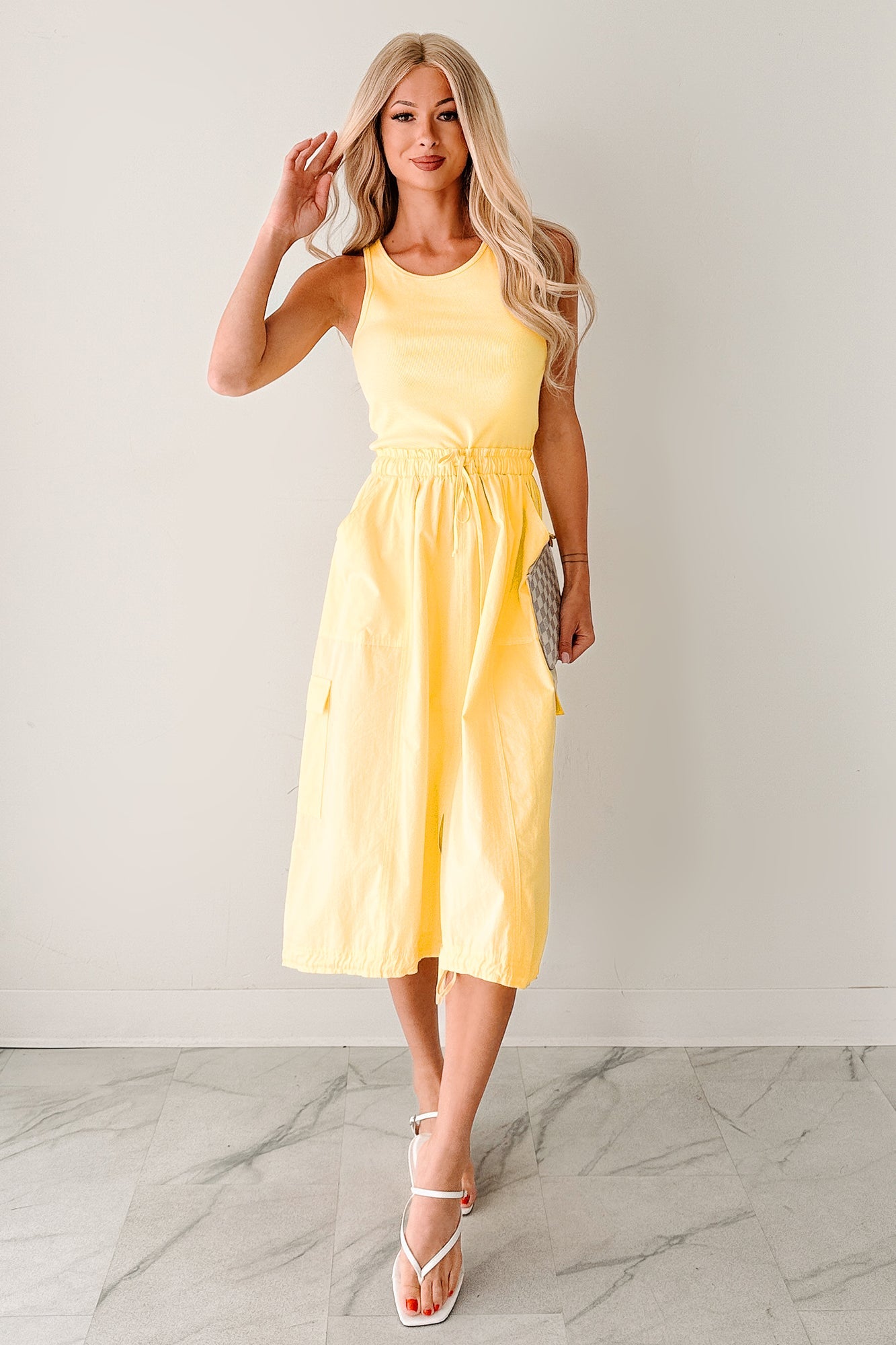 Quietly Extra Sleeveless Cargo Midi Dress (Yellow)