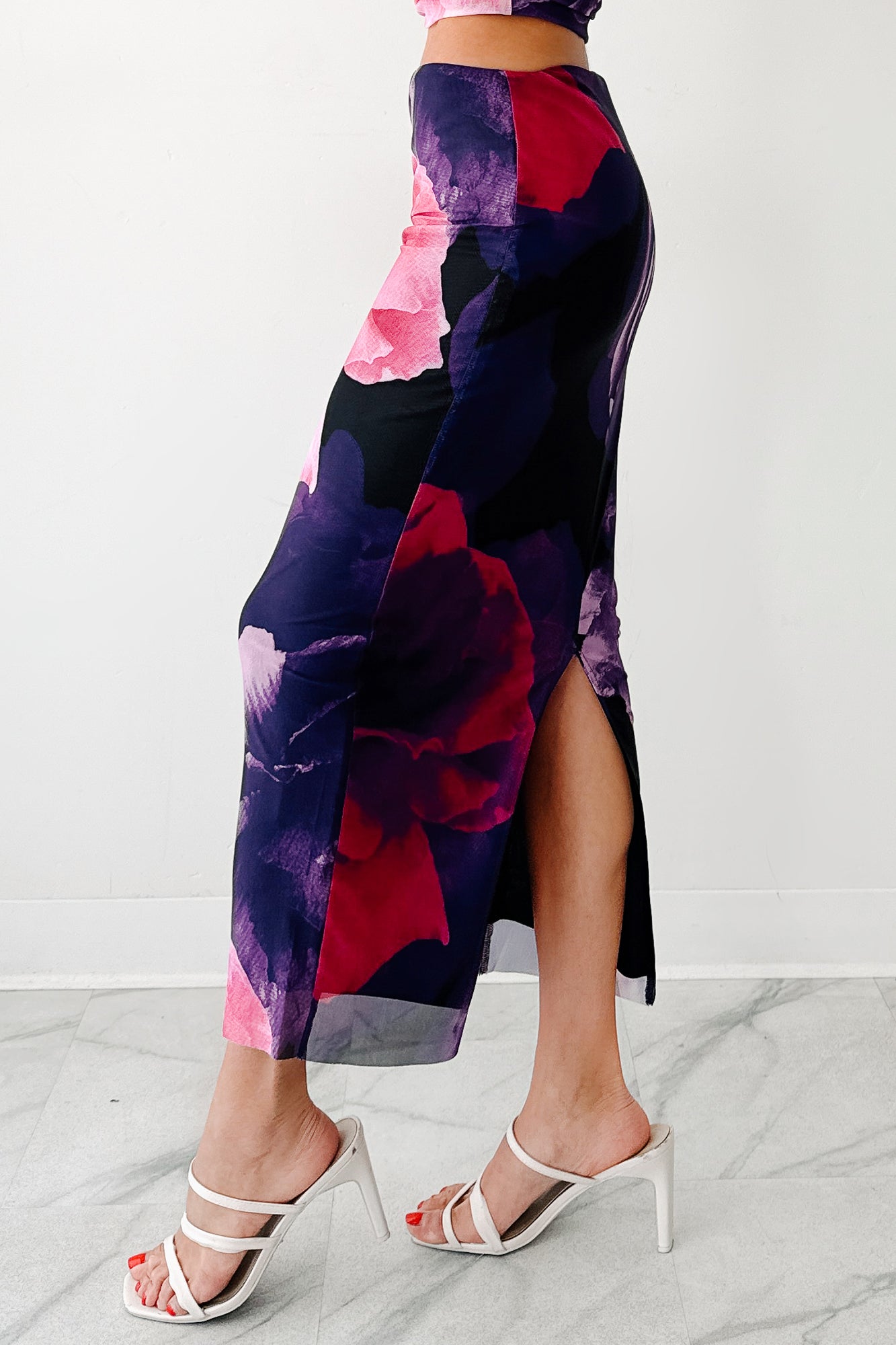 Mood Manifest Floral Mesh Midi Skirt (Pink/Purple)