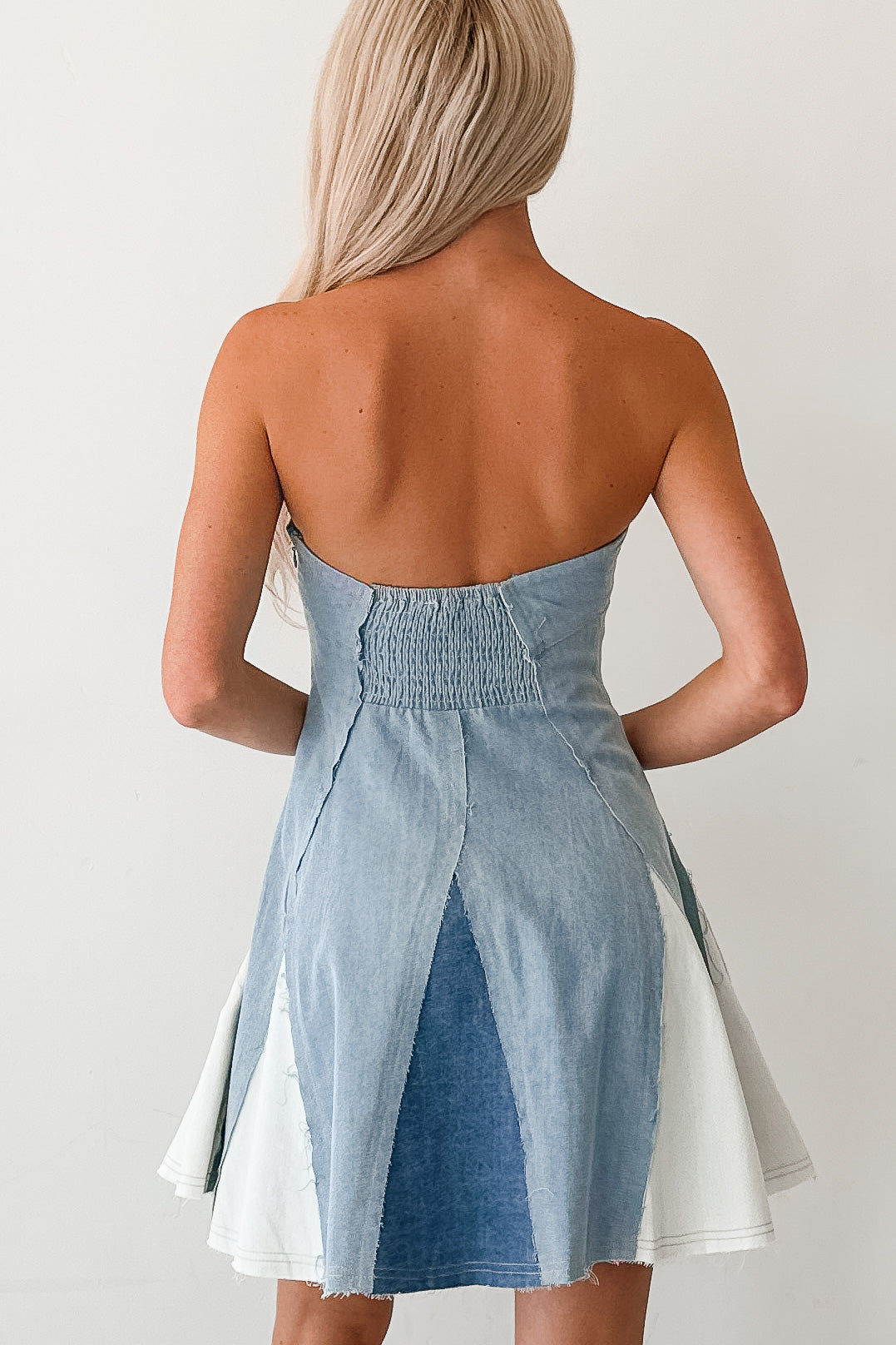 Burning Bright Strapless Contrast Mini Dress (Denim)