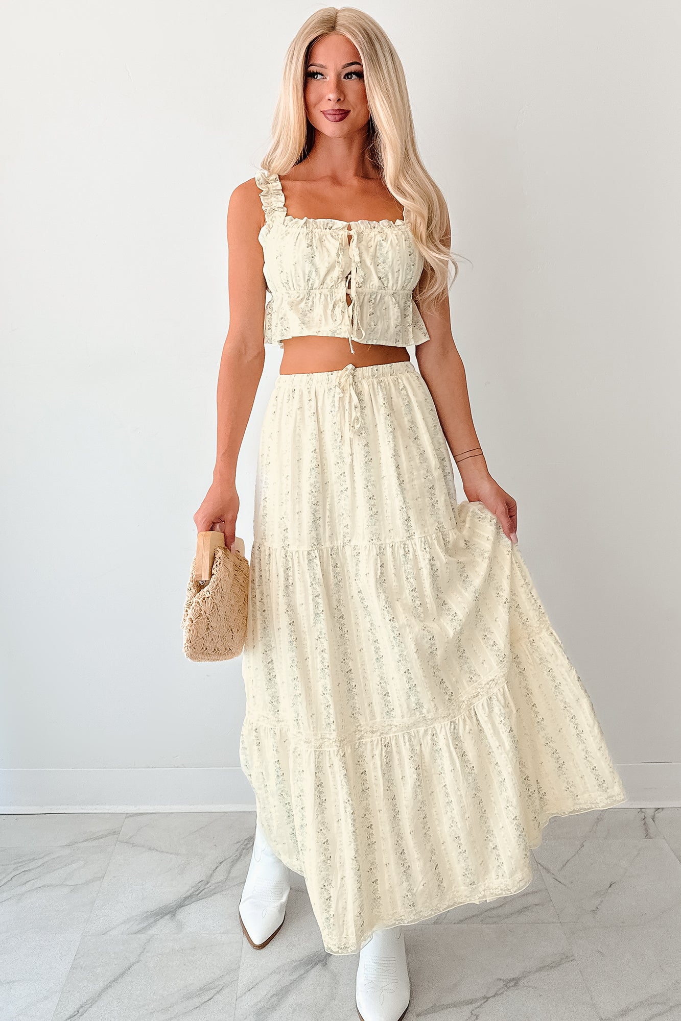 Dewdrop Darling Floral Open Tie Babydoll Top (Ivory)