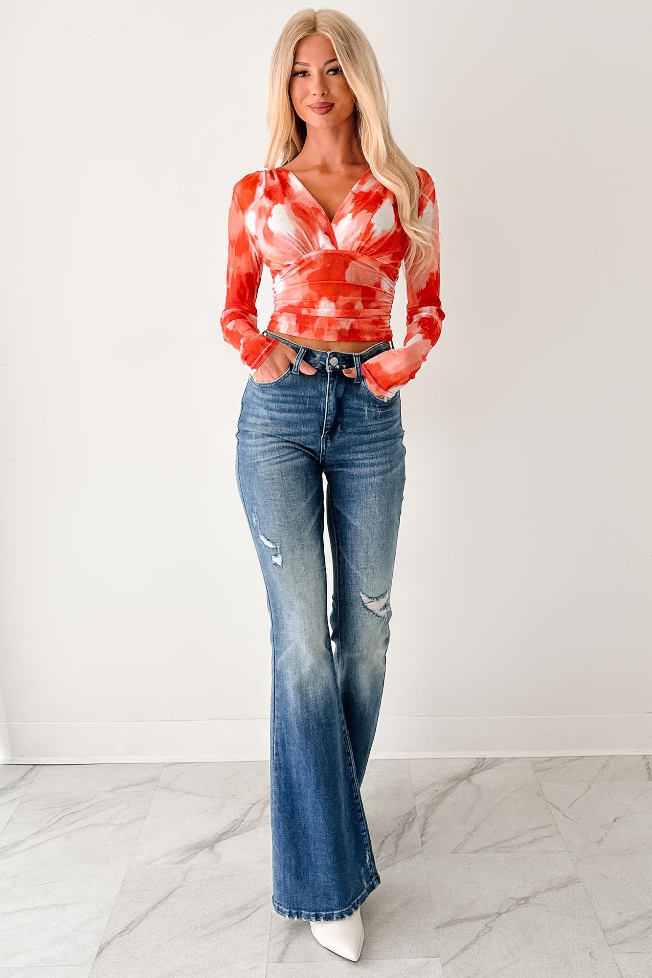 Lethal Looks Rhinestone Long Sleeve Top (Orange Combo)