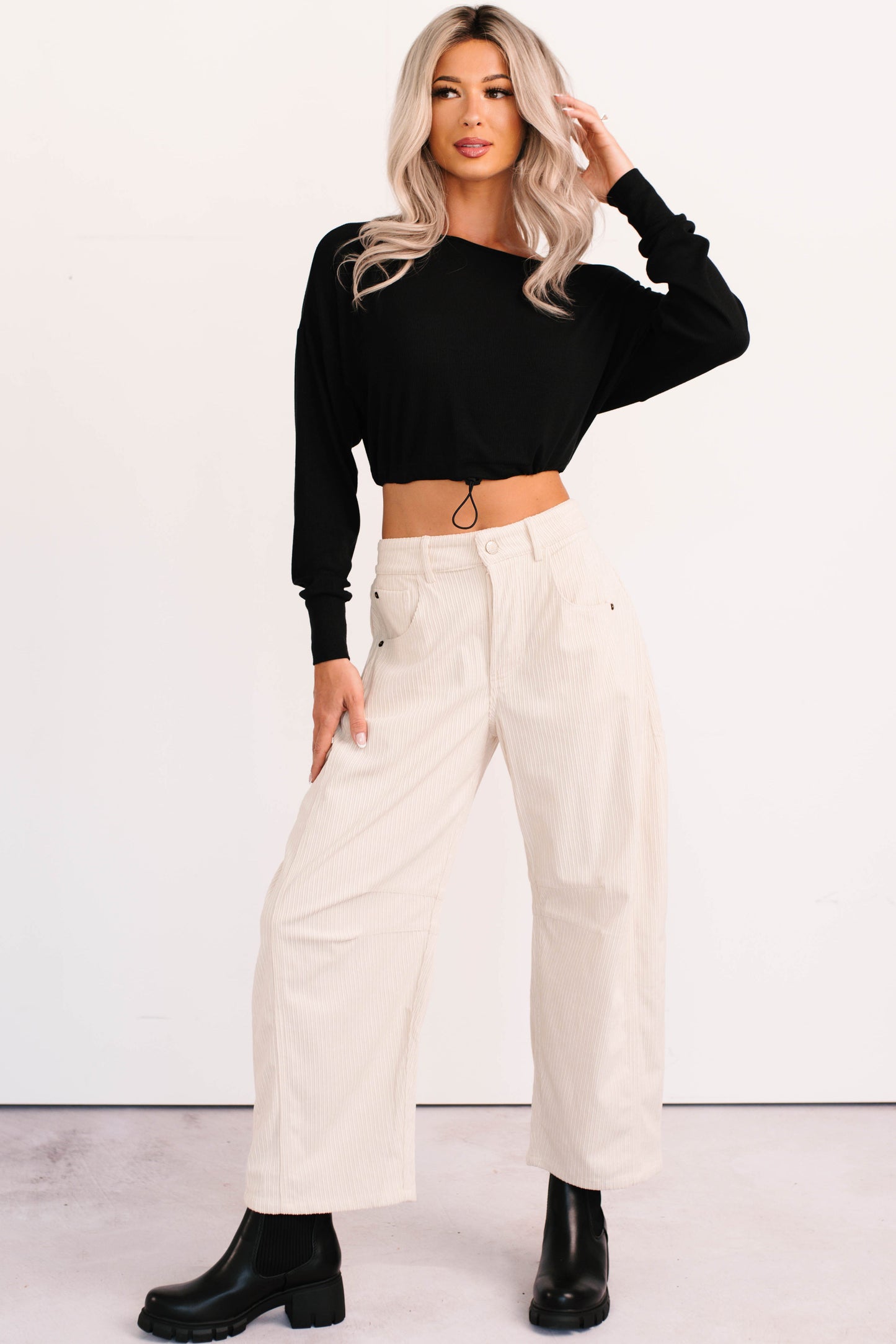 Glow Up Goals Ribbed Off The Shoulder Crop Top (Black)
