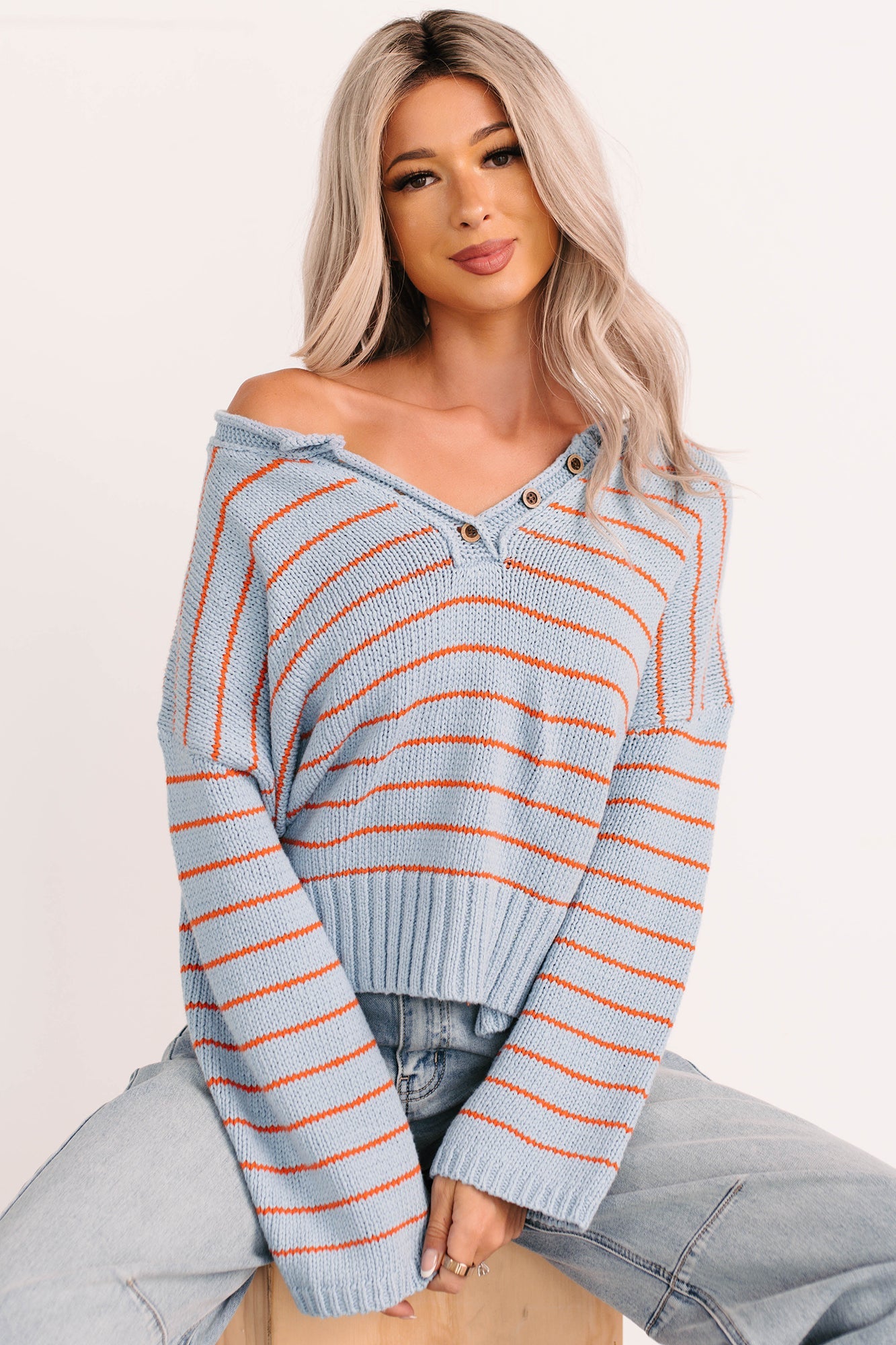 Sunday Comfort Striped Henley Sweater (Blue/Orange)