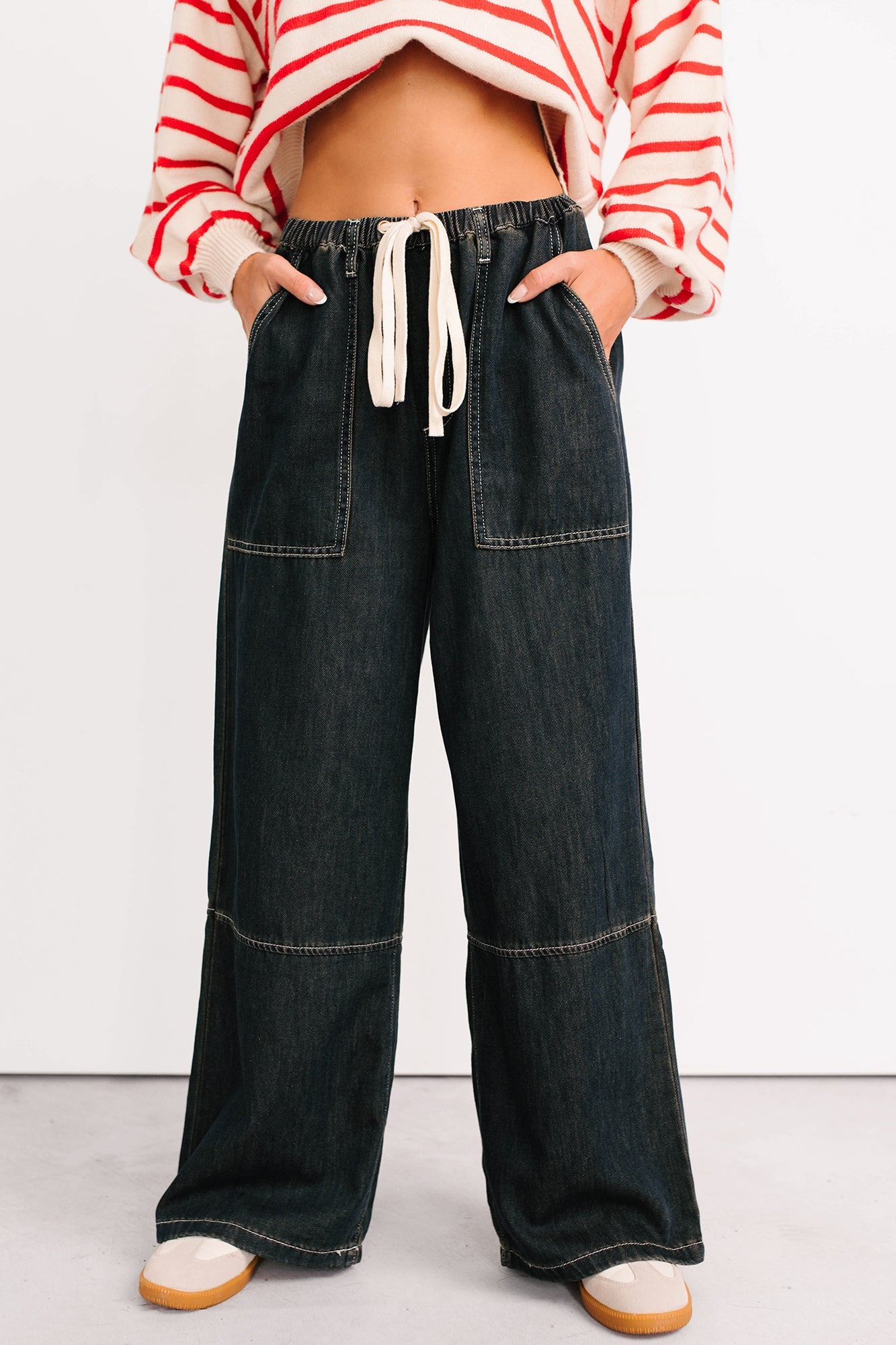 Chill Energy Wide Leg Drawstring Pants (Grey Denim)