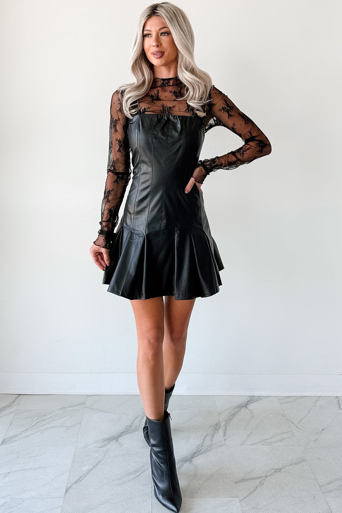 One Of None Pleated Faux Leather Dress (Black)