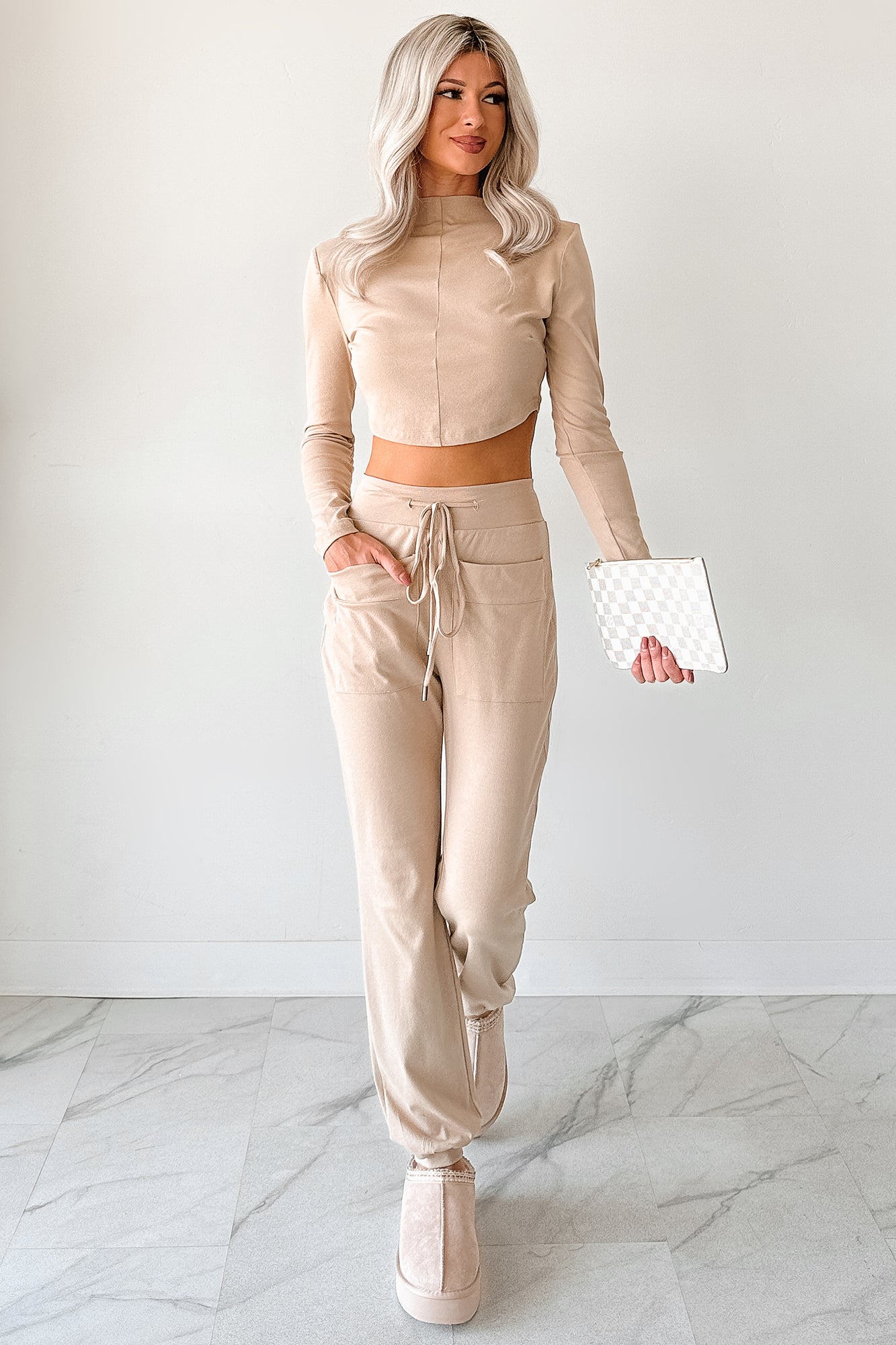 Force For Good Mock Neck Crop Top & Jogger Set (Latte)