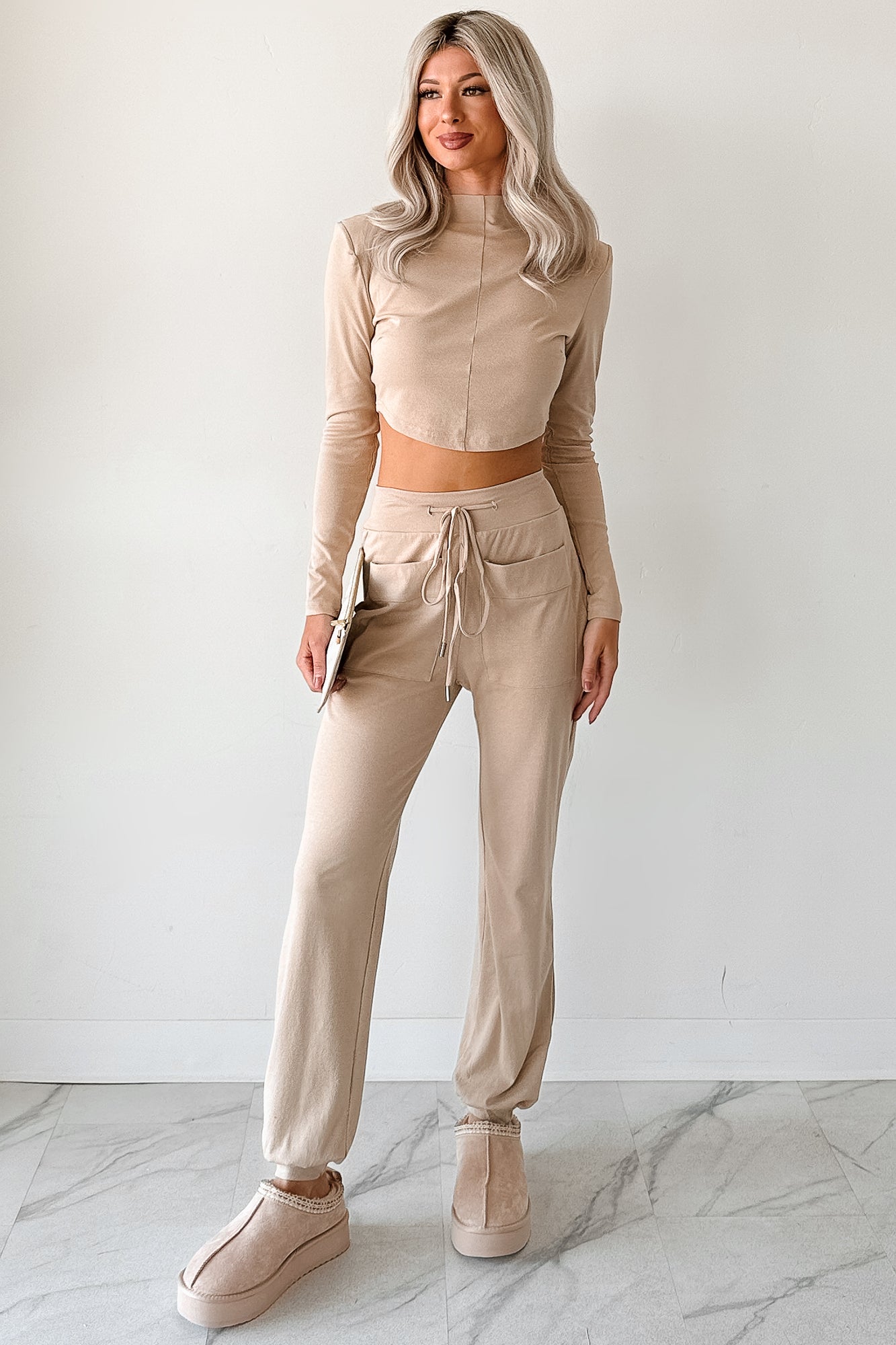 Force For Good Mock Neck Crop Top & Jogger Set (Latte)
