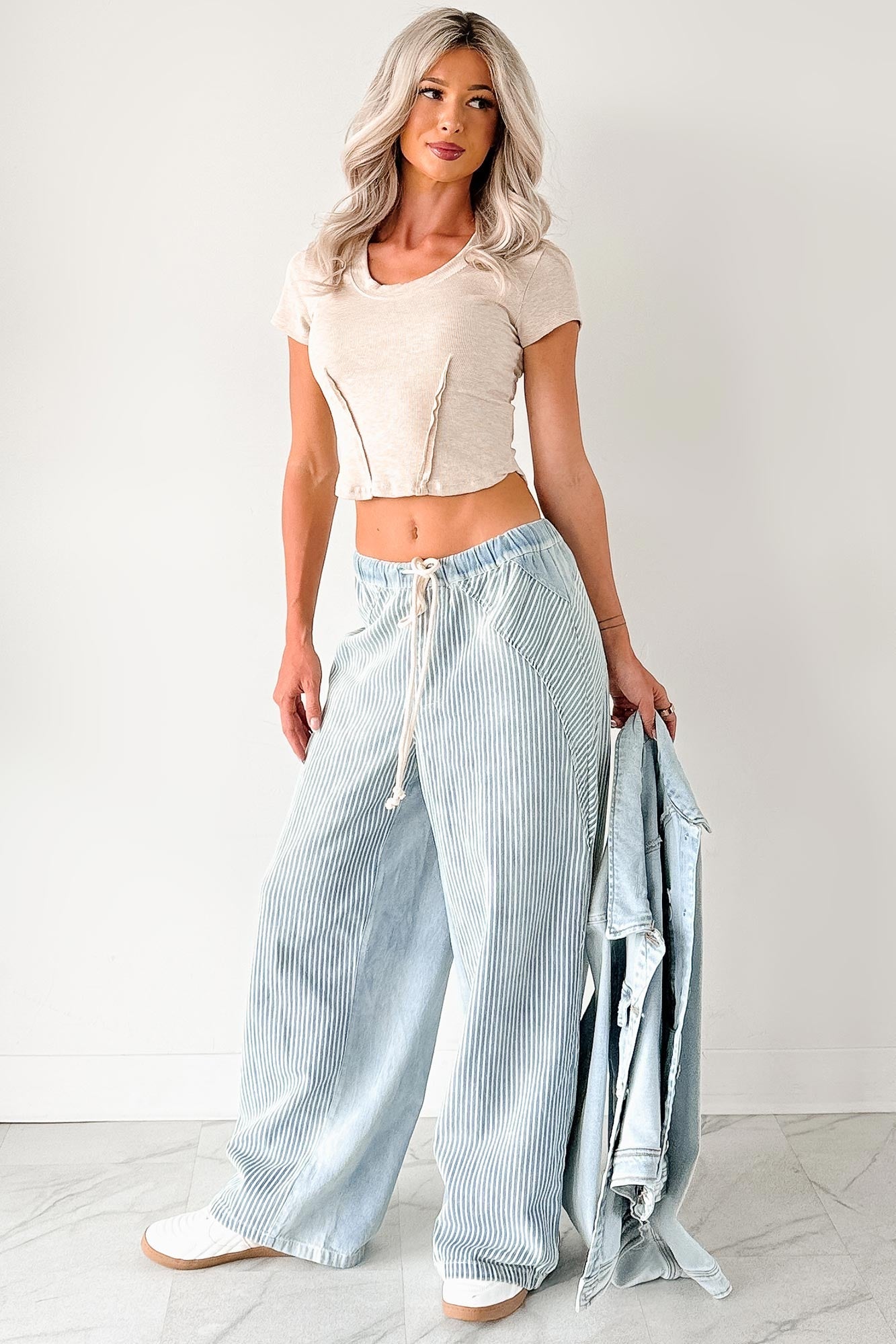 Franklin Striped Drawstring Wide Leg Jeans (Denim)