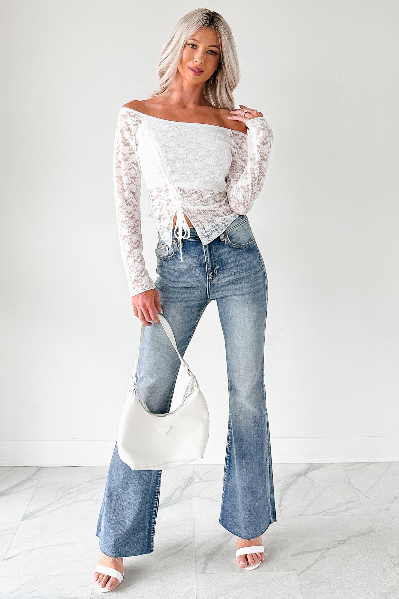 Up To Standard Ruched Lace Asymmetric Top (Ivory)