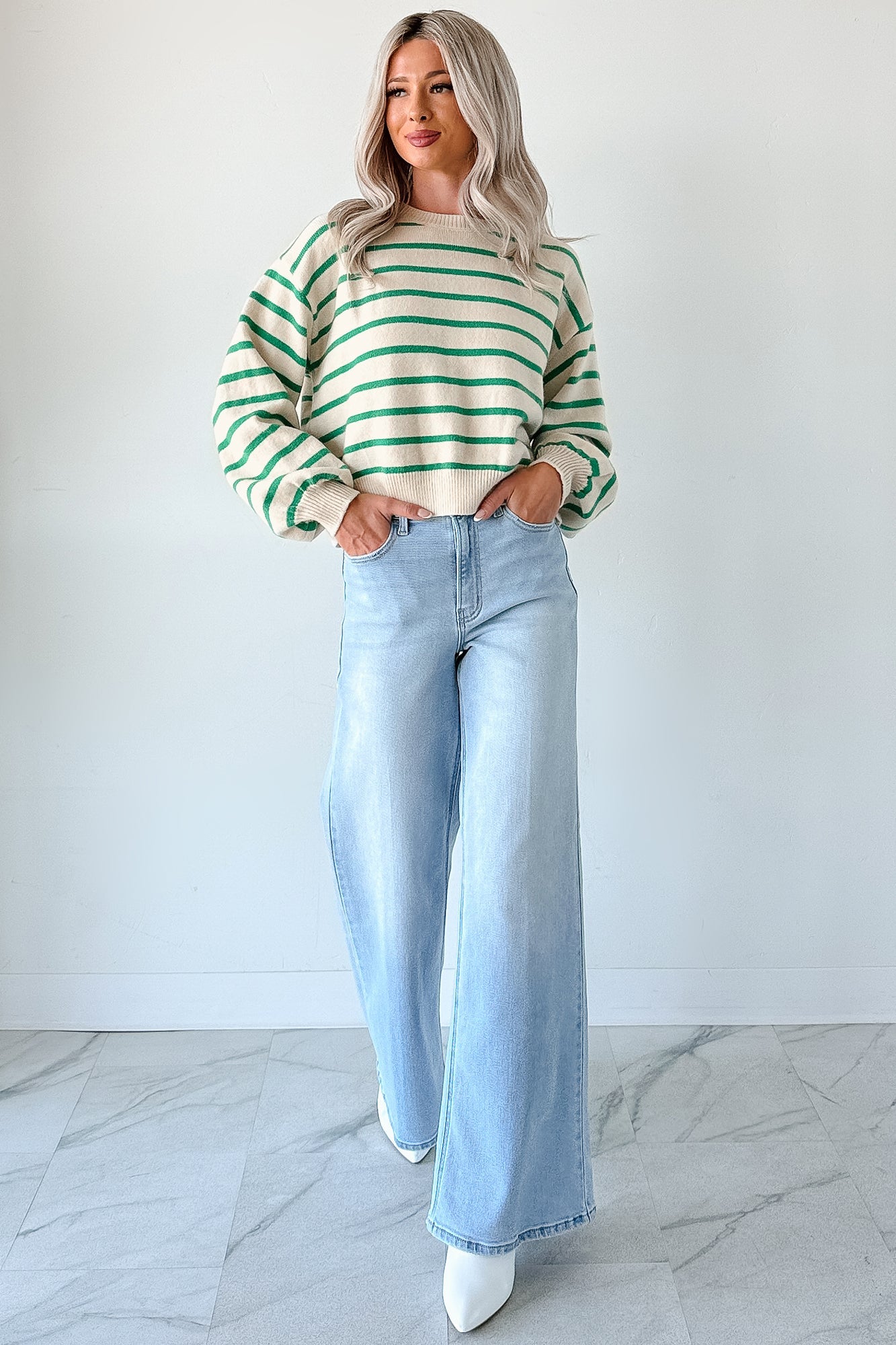Morning Rituals Striped Button Detail Sweater (Green)