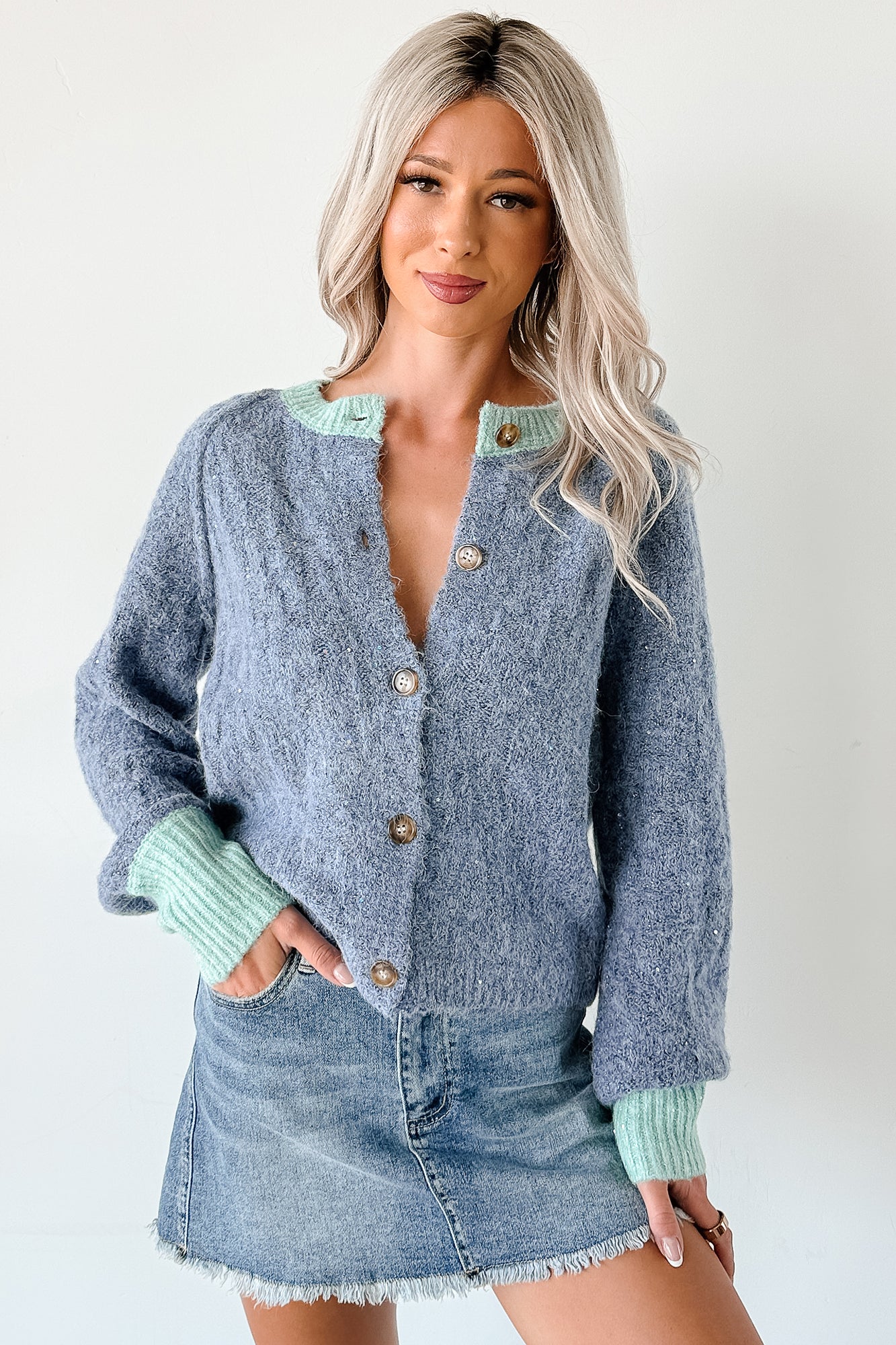 Daydream Zen Knit Contrast Glittery Cardigan (Blue)