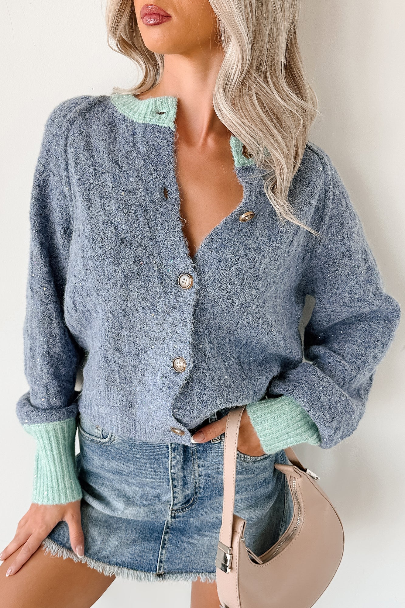 Daydream Zen Knit Contrast Glittery Cardigan (Blue)