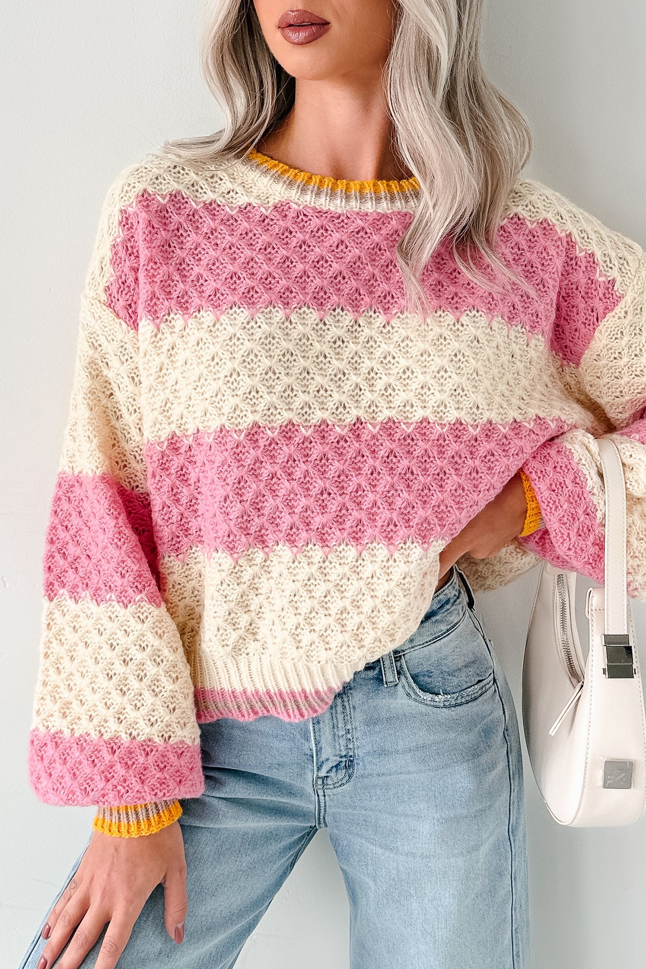 Warm Whispers Striped Crochet Knit POL Sweater (Pink)