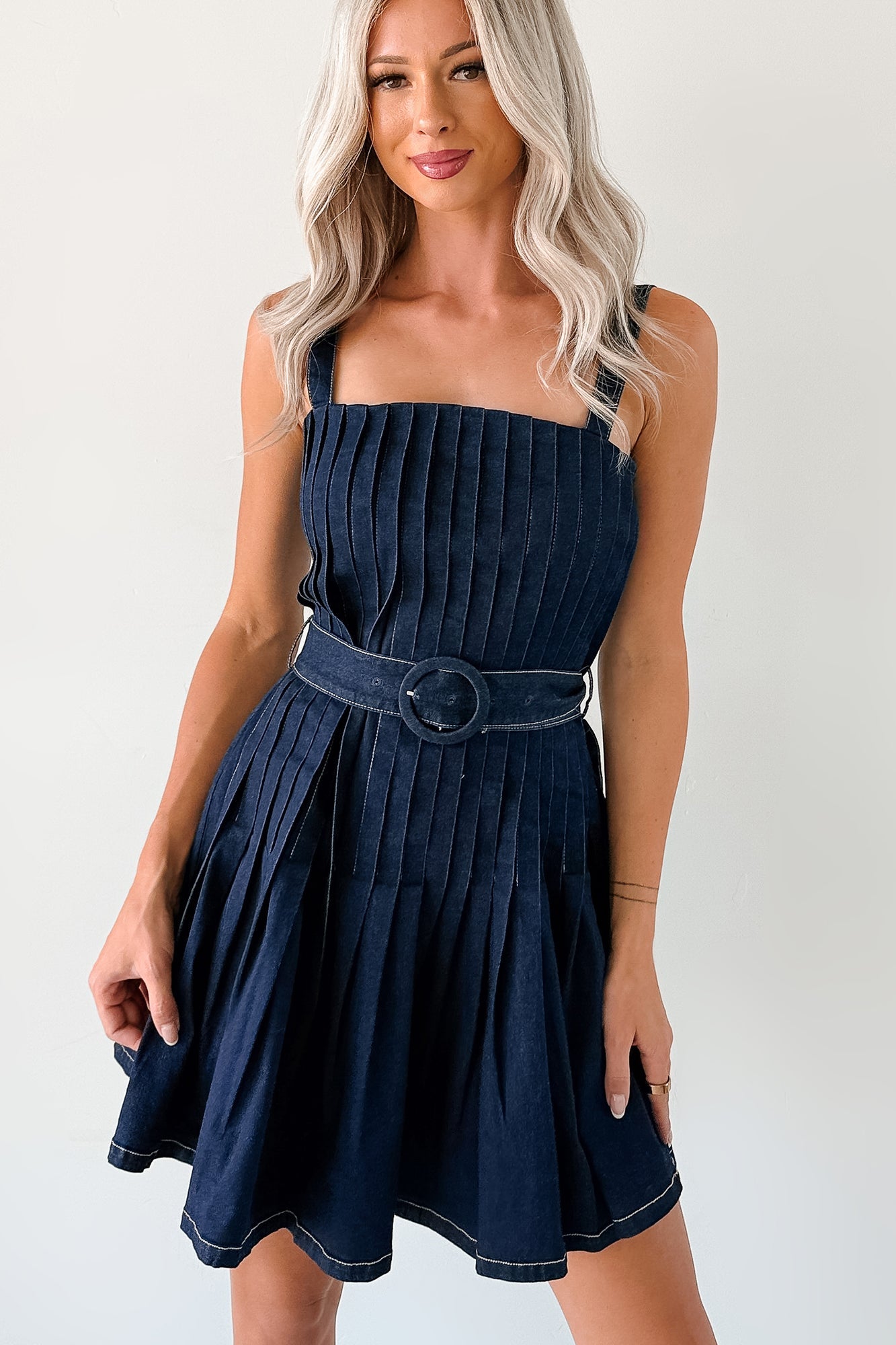 Hustle In Heels Pleated Sleeveless Mini Dress (Denim)