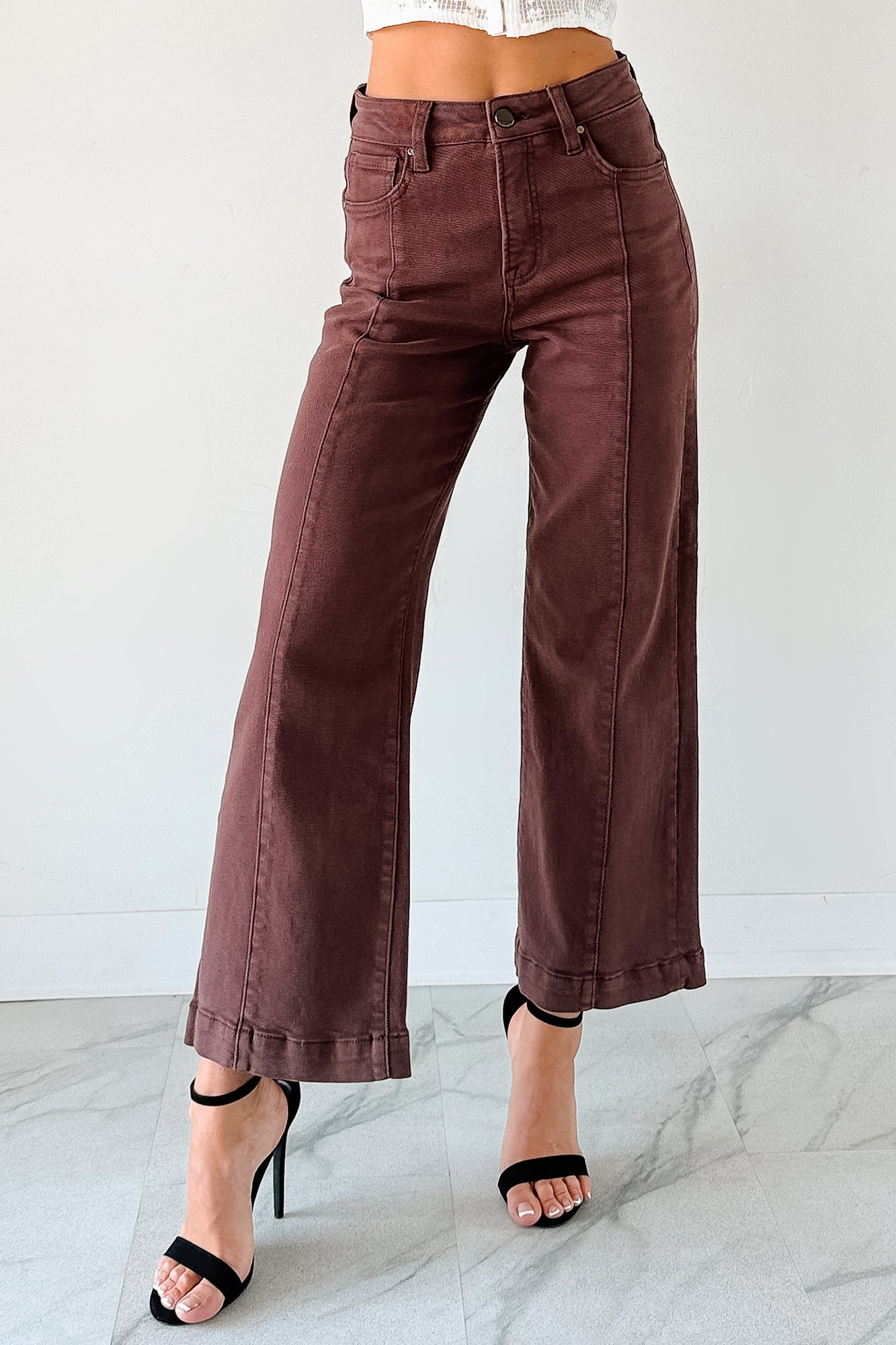 Maizie Tummy Control Wide Leg Cropped Risen Jeans (Choco Brown)
