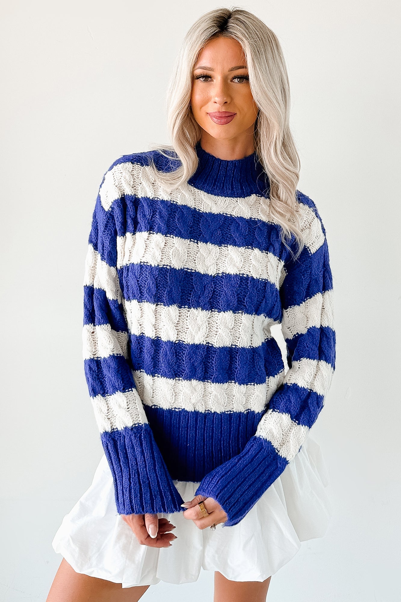 Restful Rhythm Cable Knit Striped Sweater (Royal)