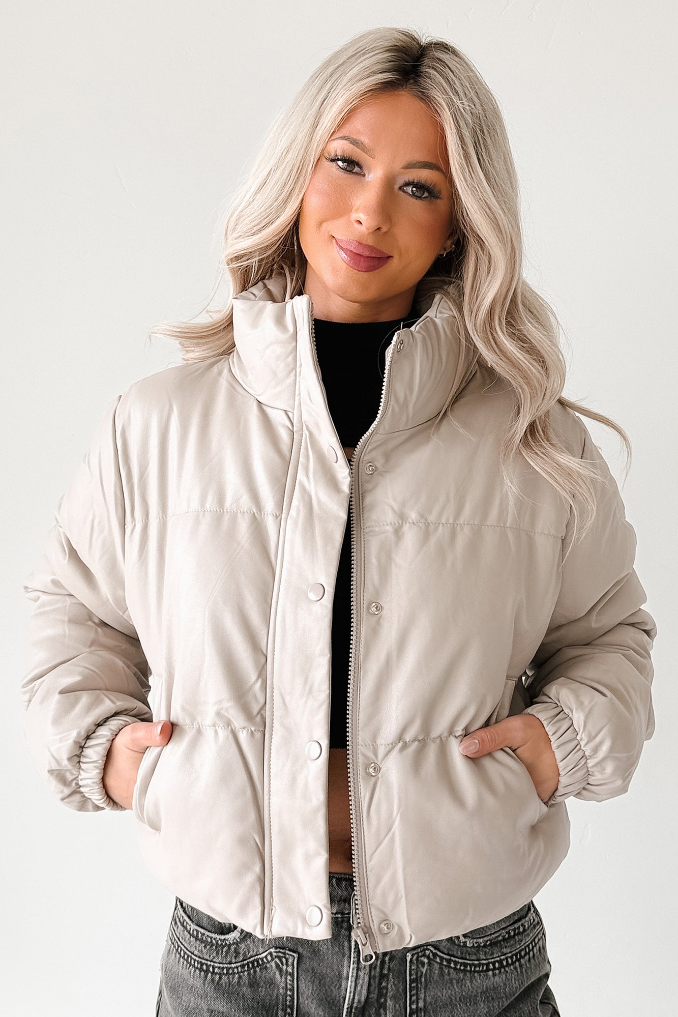 Shine Your Way Faux Leather Puffer Jacket (Taupe)
