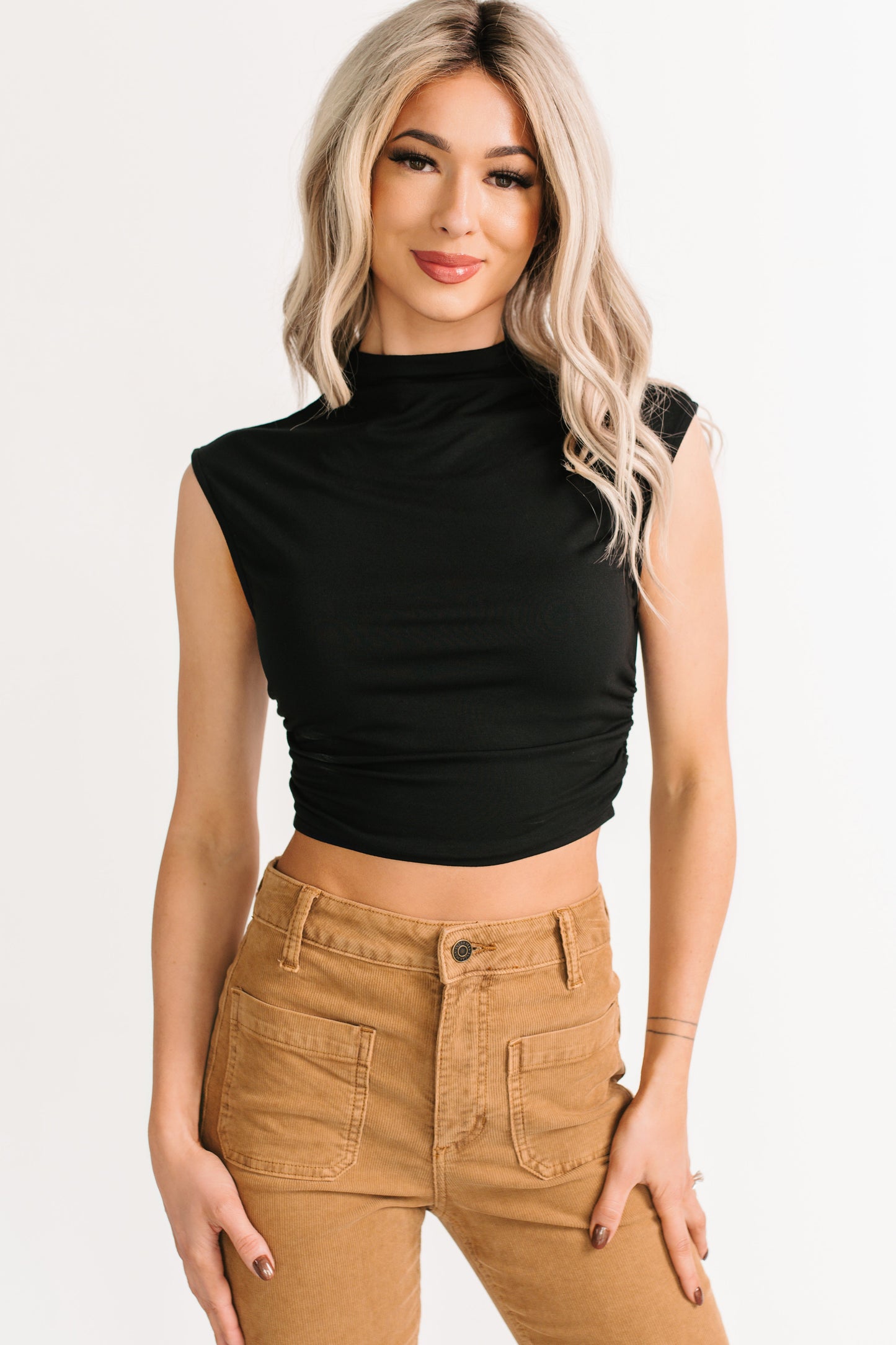 One More Kiss Cap Sleeve Mock Neck Crop Top (Black)