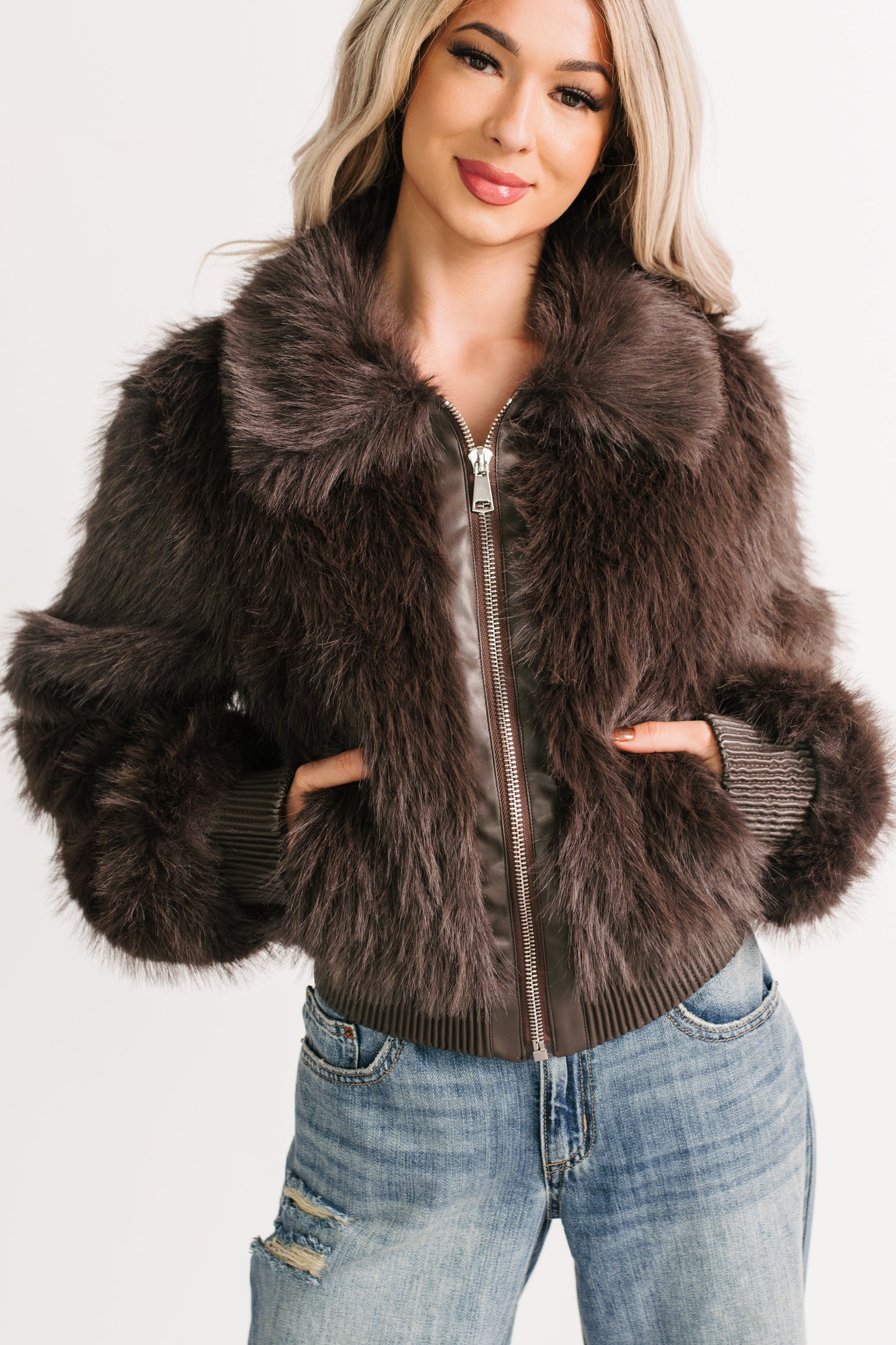 No Comparisons Faux Fur Plush Zip-Up Jacket (Brown)