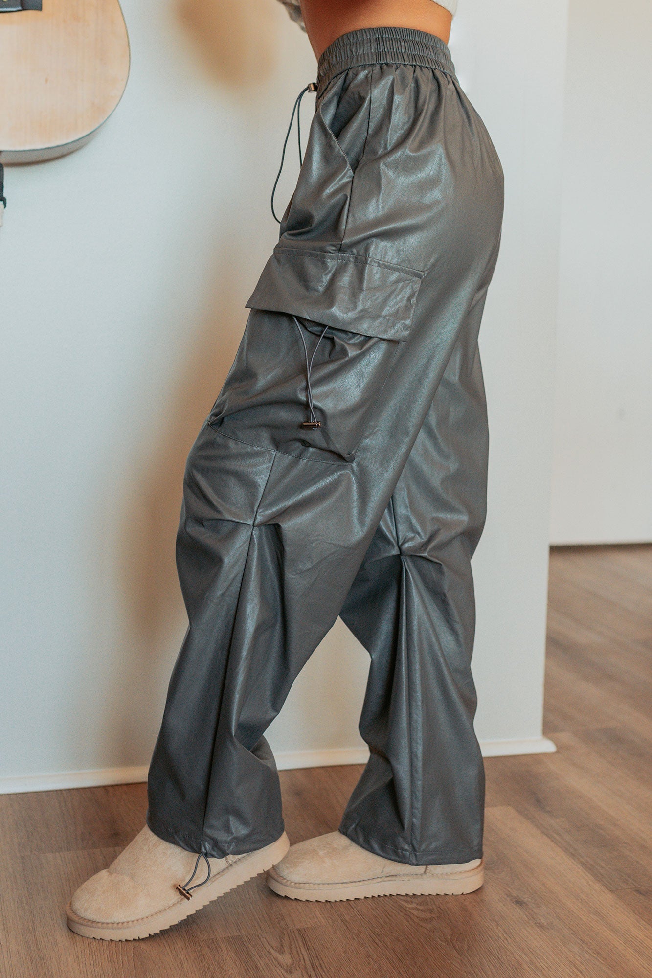 Don't Be Shy Faux Leather Cargo Pants (Grey)