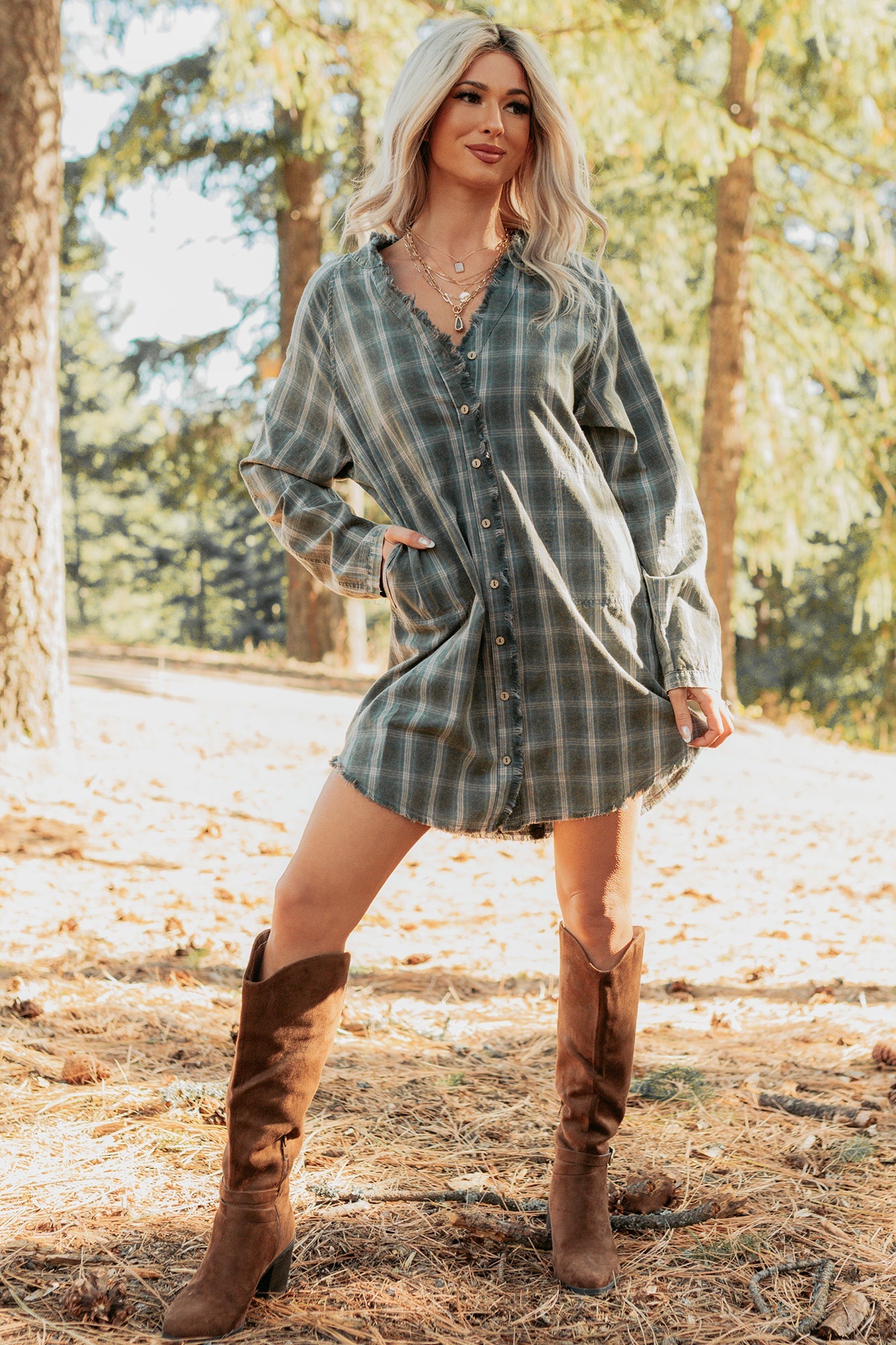 Let's Get Lost Plaid Shirt Mini Dress (Pine Green)