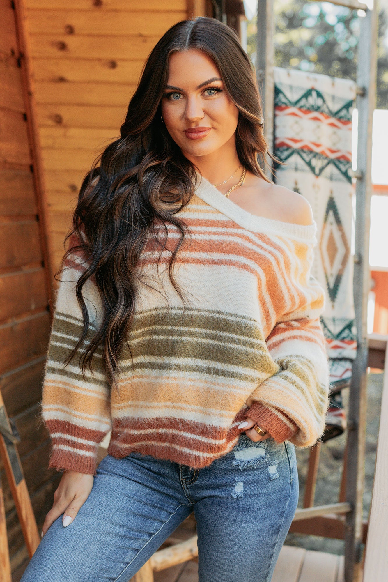 Messy Feelings V Neck Striped Knit Sweater (Multi)